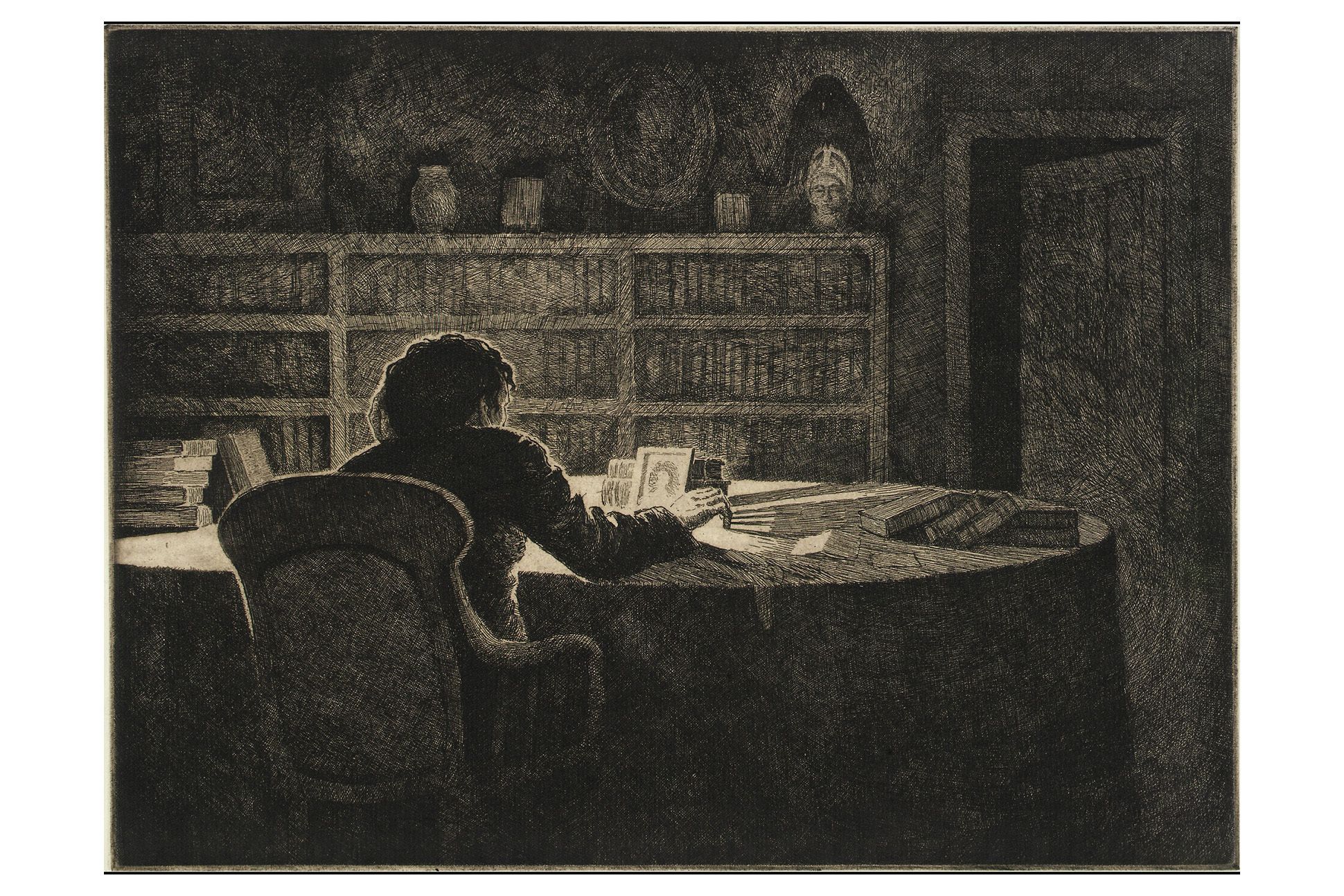 Sepia toned black on white etching on paper depicting the back of a person seated at a table, with piles of books and a bookshelf, and a partially open door.
