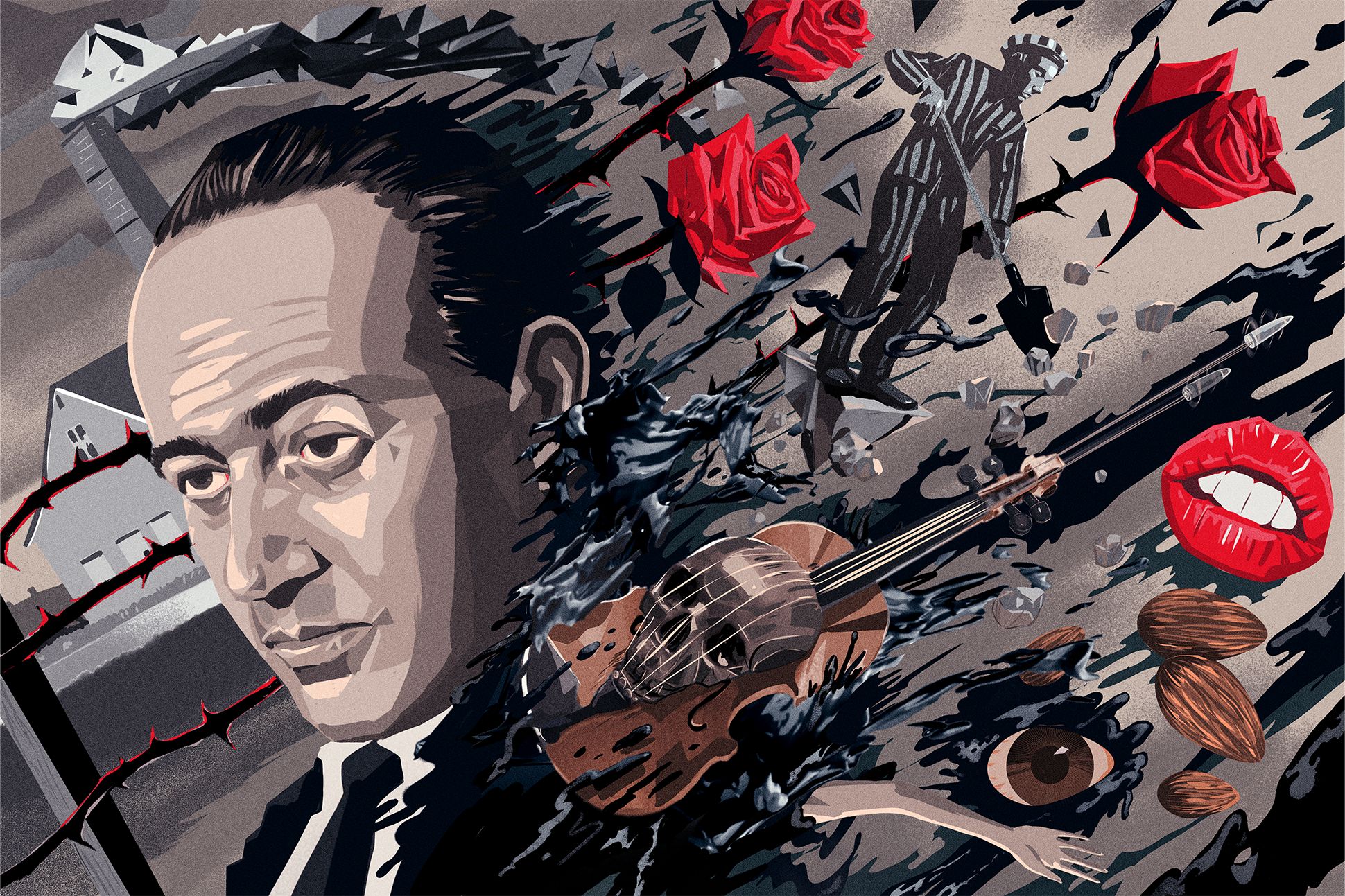 Paul Celan against a backdrop of a concentration camp and a storm of rocks, roses, and body parts behind him.