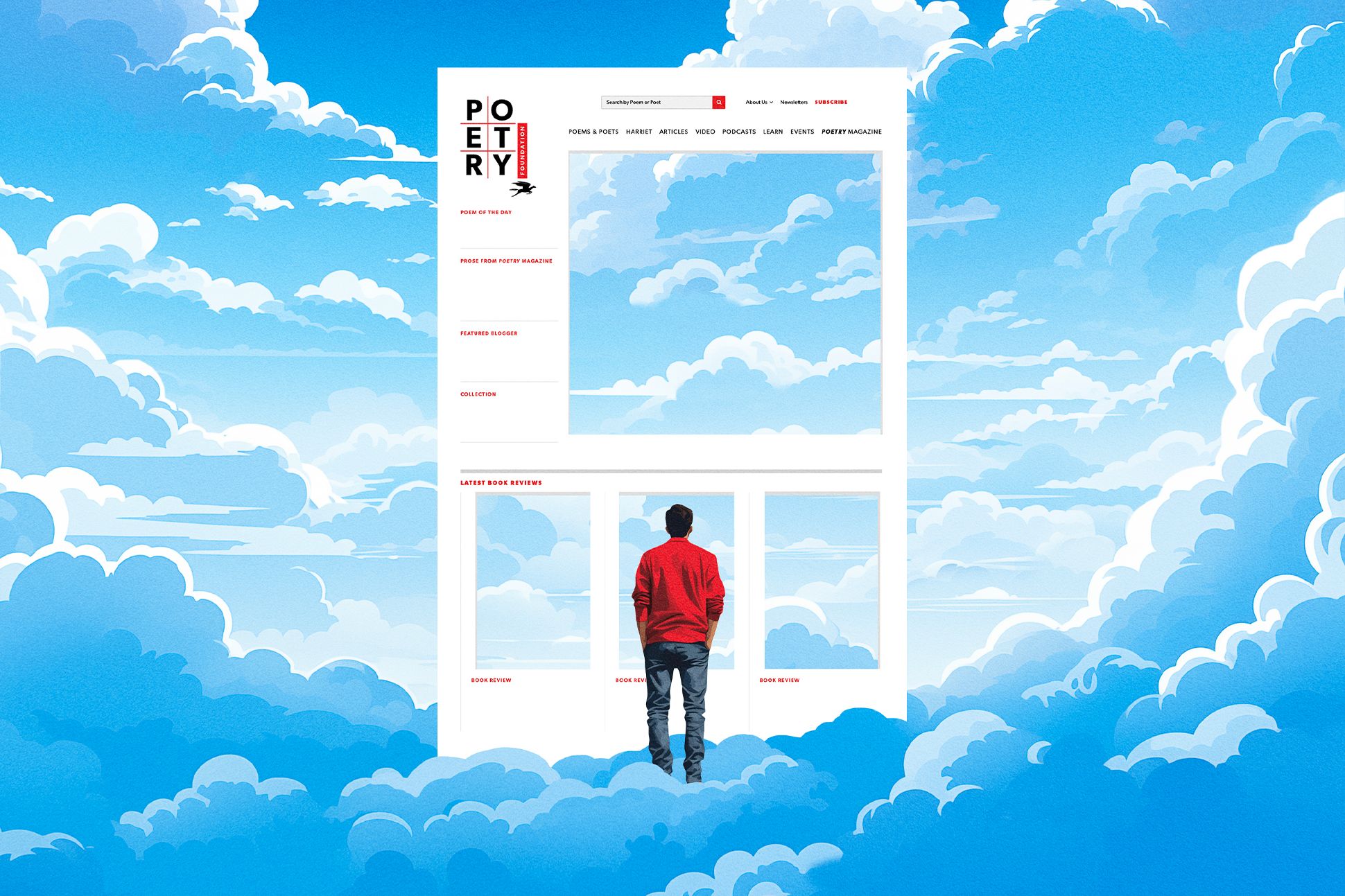 A person in a red shirt and blue pants stands in front of a large replica of the Poetry Foundation website. They are surrounded by clouds.