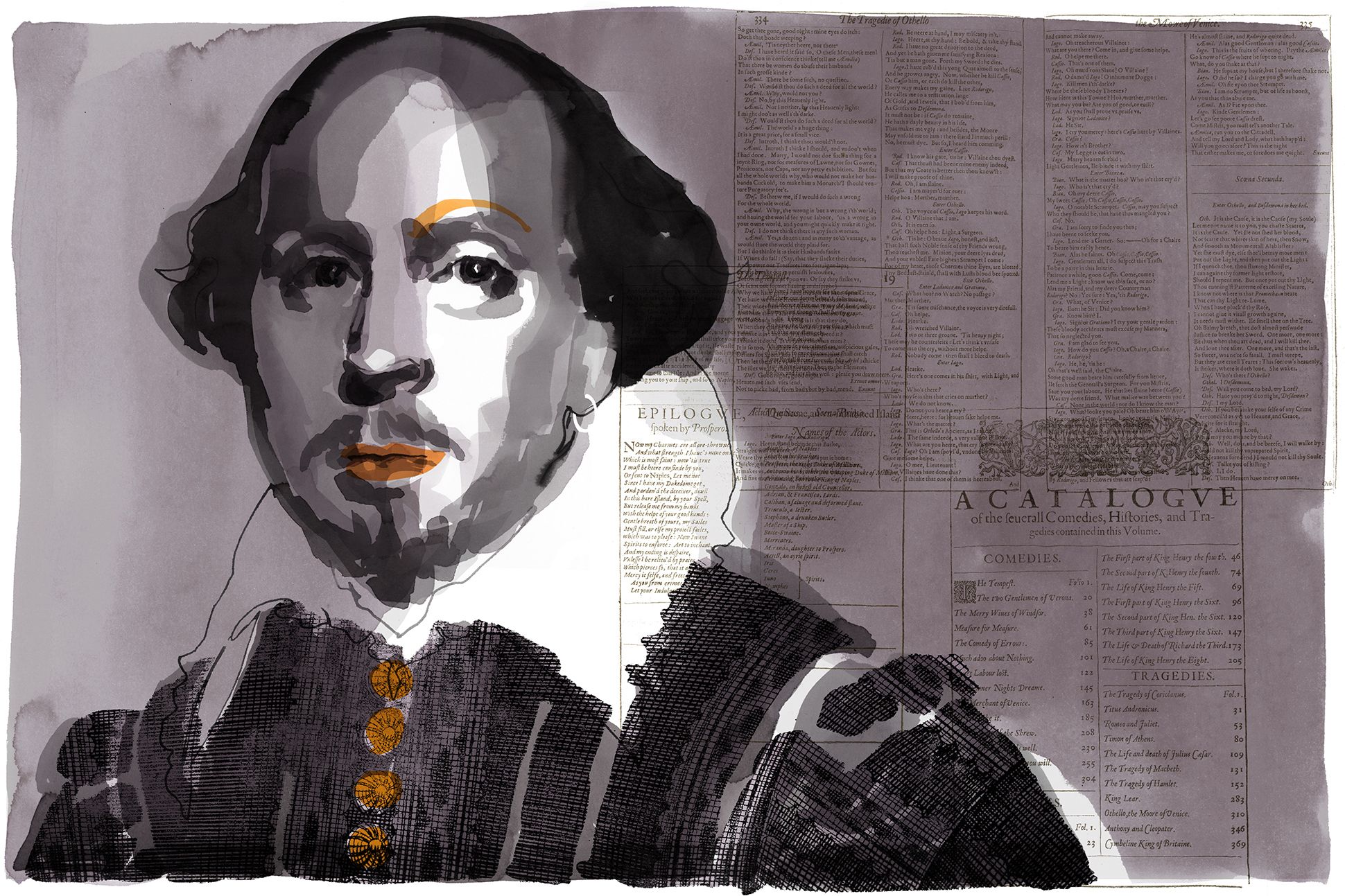An ink wash drawing of William Shakespeare overlaid with pages from his First Folio.