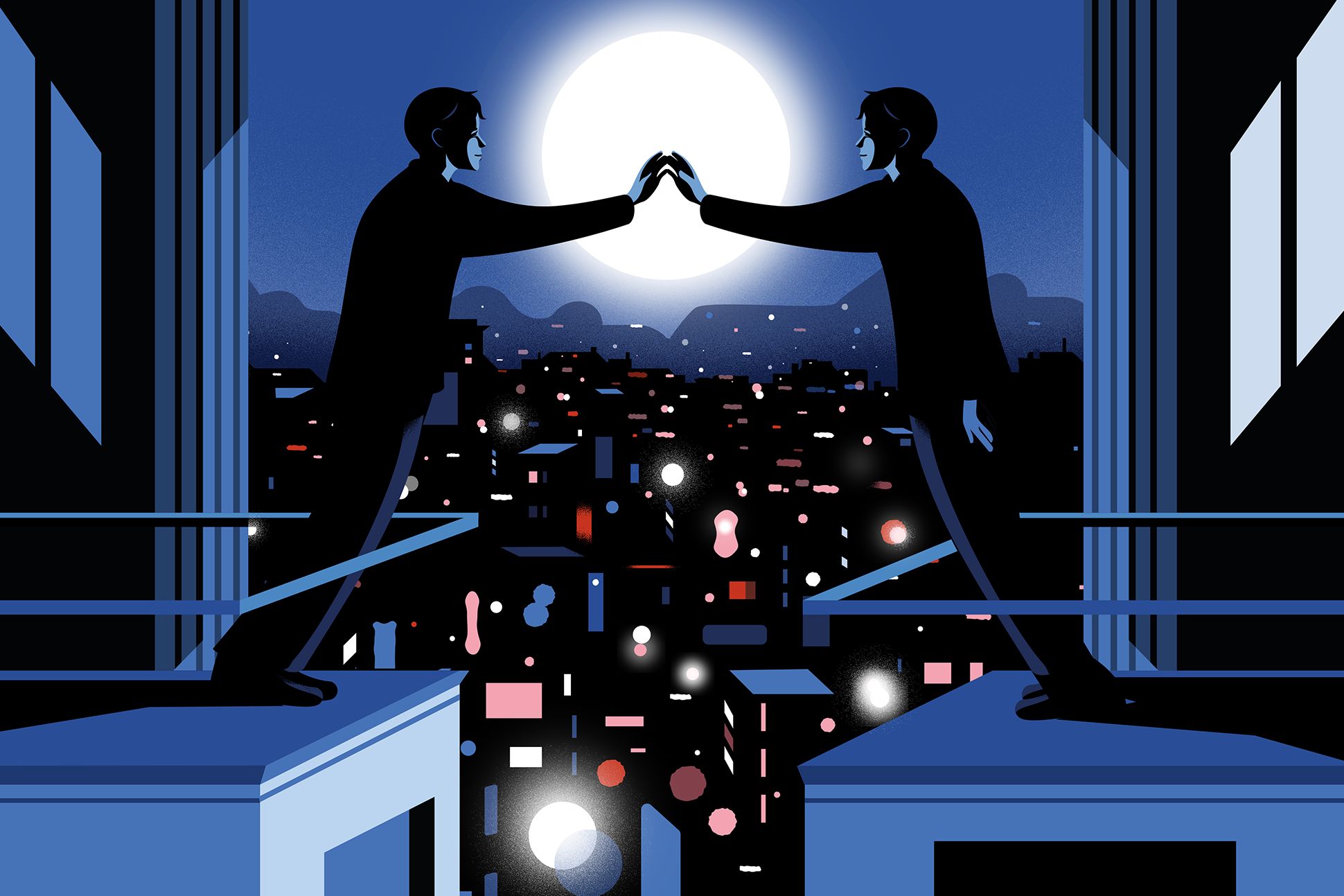 An illustration of two figures standing on opposite balconies at night, pressing their hands together. Behind them is the moon and the lights of a city.