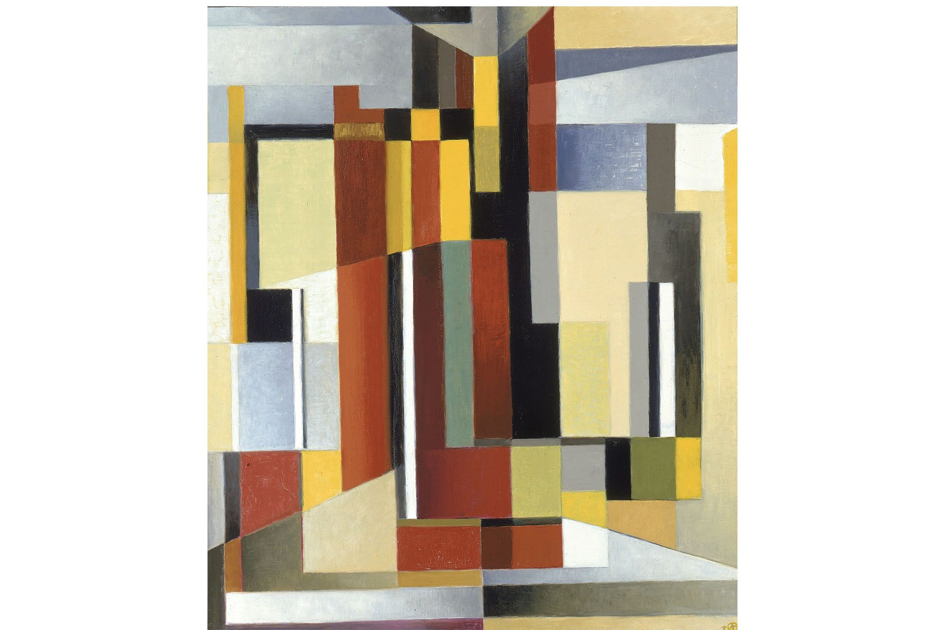 Multicolored geometric shapes (blues browns, blacks, greens) in a composition that, according to the full image description " evokes mirrors placed at different angles, reflecting and refracting chunks of colored light. It is easy to imagine getting lost