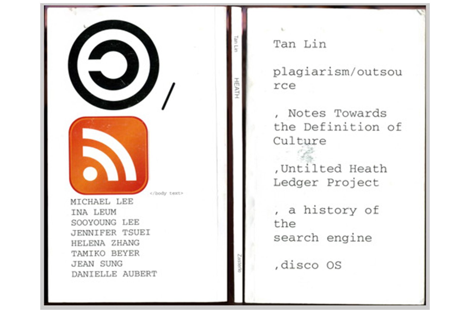 Bare-boned image of front and back covers, black on white, with a backwards copyright symbol and RSS feed icon (white on orange)