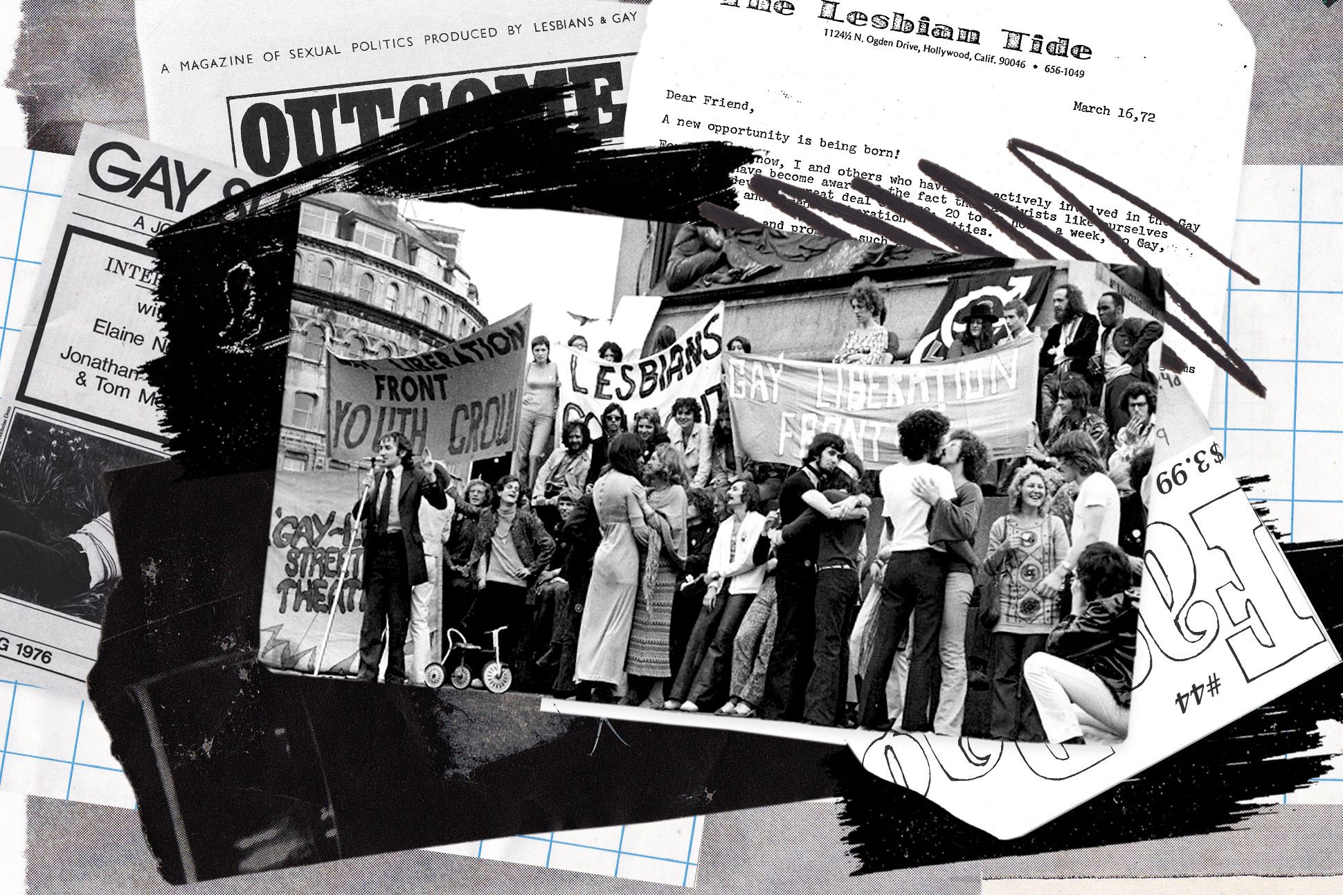 Collage of Gay Liberation archival photo and texts from post-Stonewall LGBTQ publications.