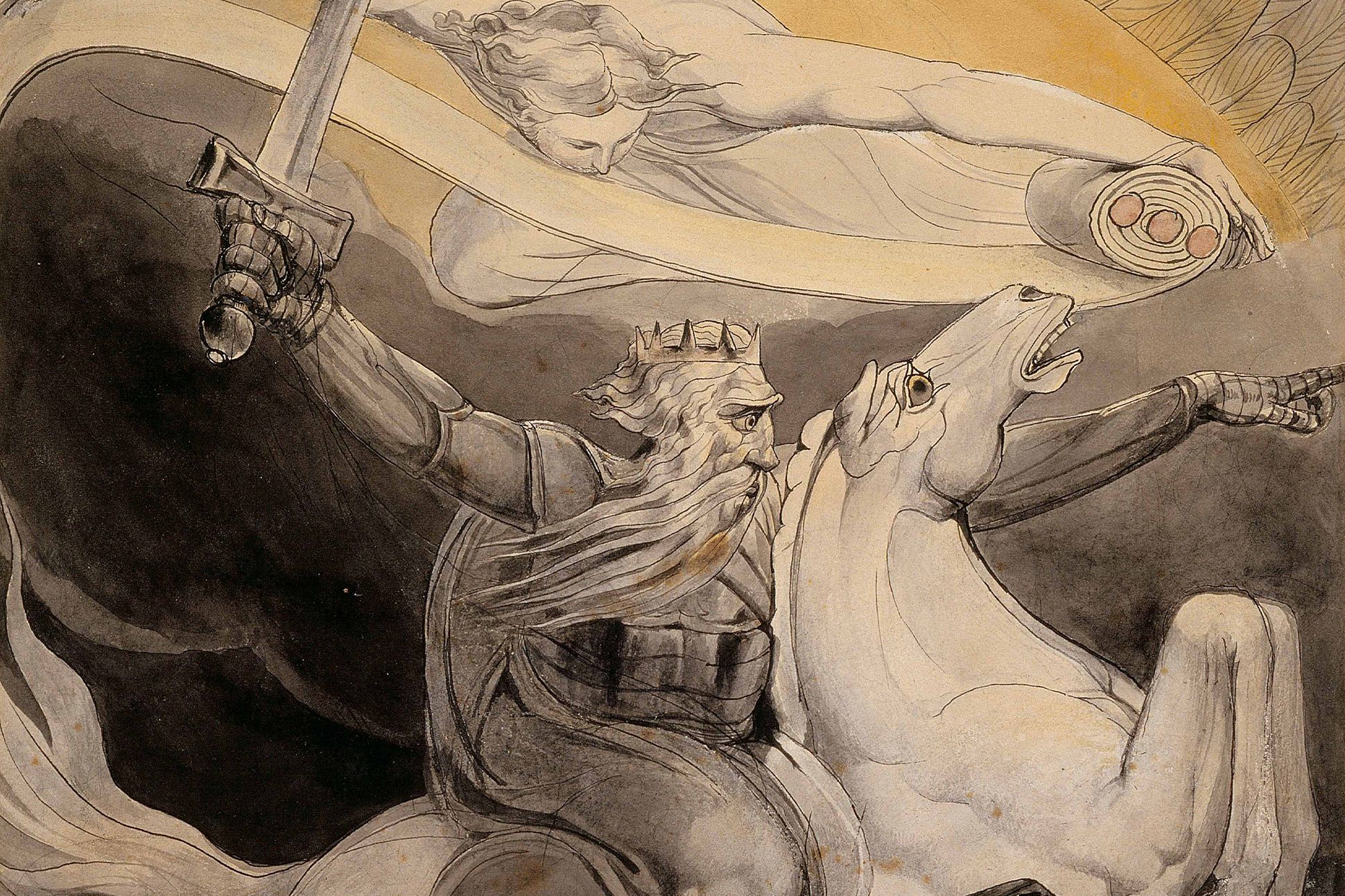 A watercolor of a crowned man brandishing a sword on top of a white horse. Above, an angelic figure unrolls a scroll.