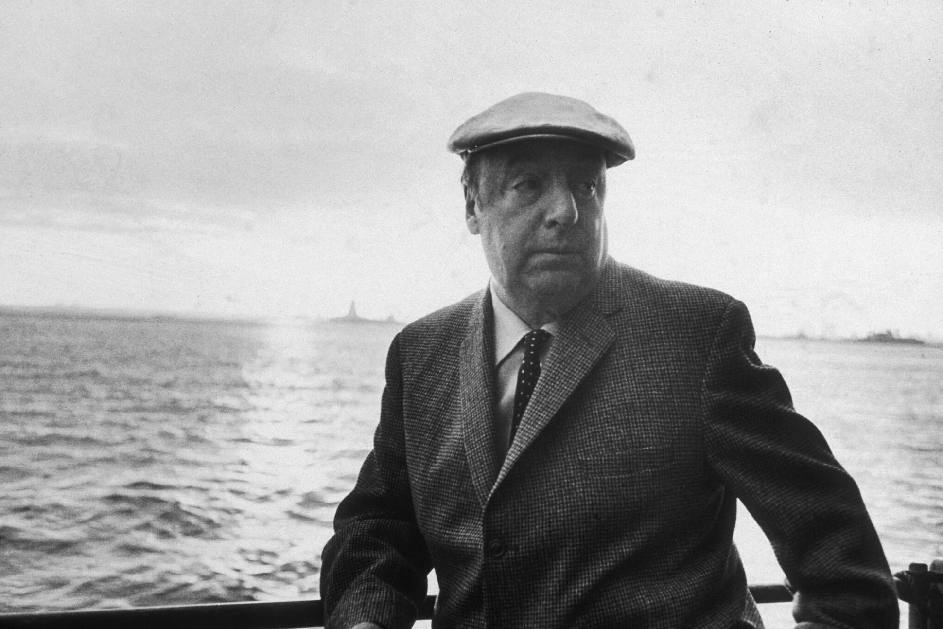 Black and white photograph of Pablo Neruda.