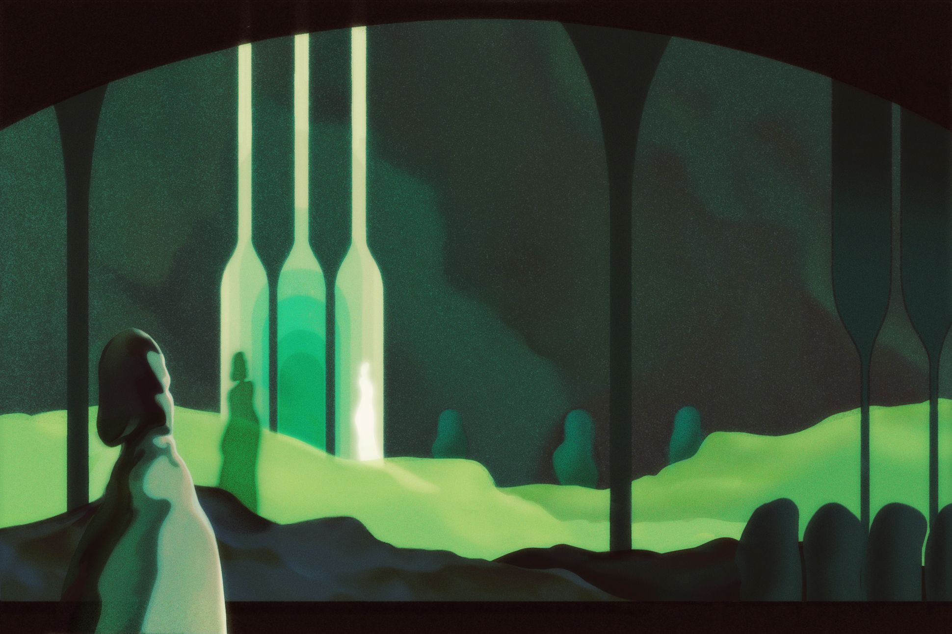 Illustration of a moody green landscape with columns, abstract bushes, and shadows of people.