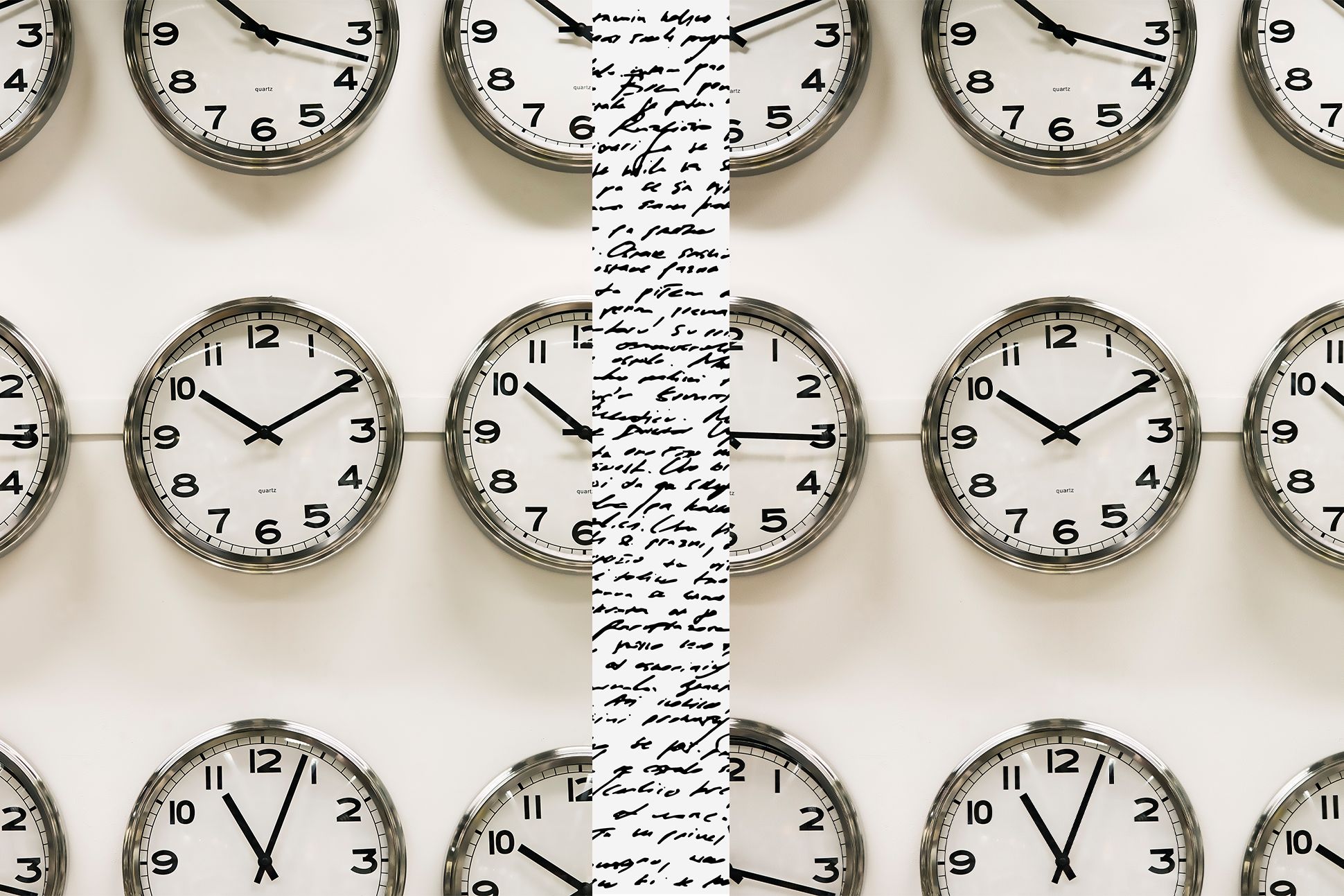 Rows of wall clocks separated by handwritten text.