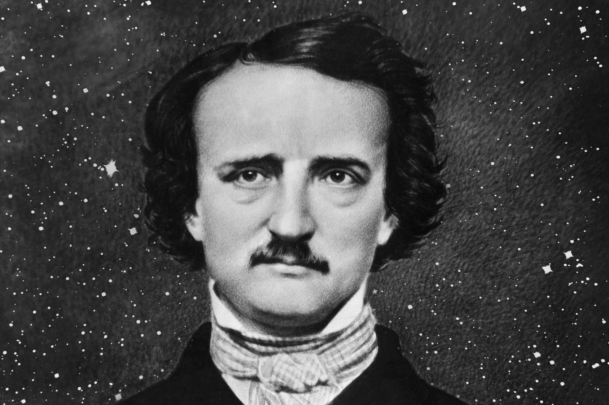 Illustration of Edgar Allan Poe juxtaposed against a photo of a spiral galaxy.