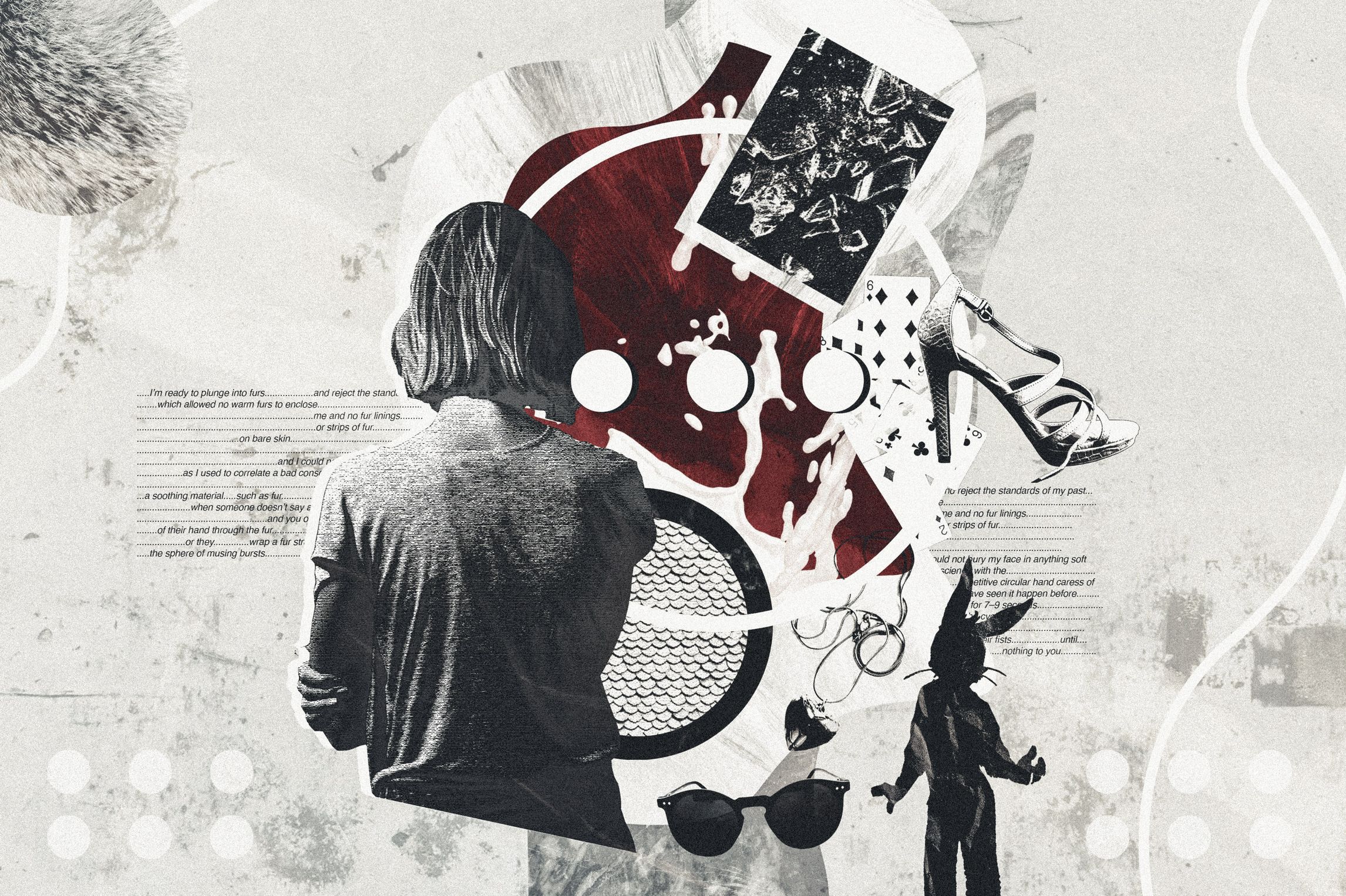 Collage illustration showing a woman with her back turned, surrounded by imagery of milk, sunglasses, fur, a high-heeled shoe, jewelry, ellipses, and excerpts of poetry.