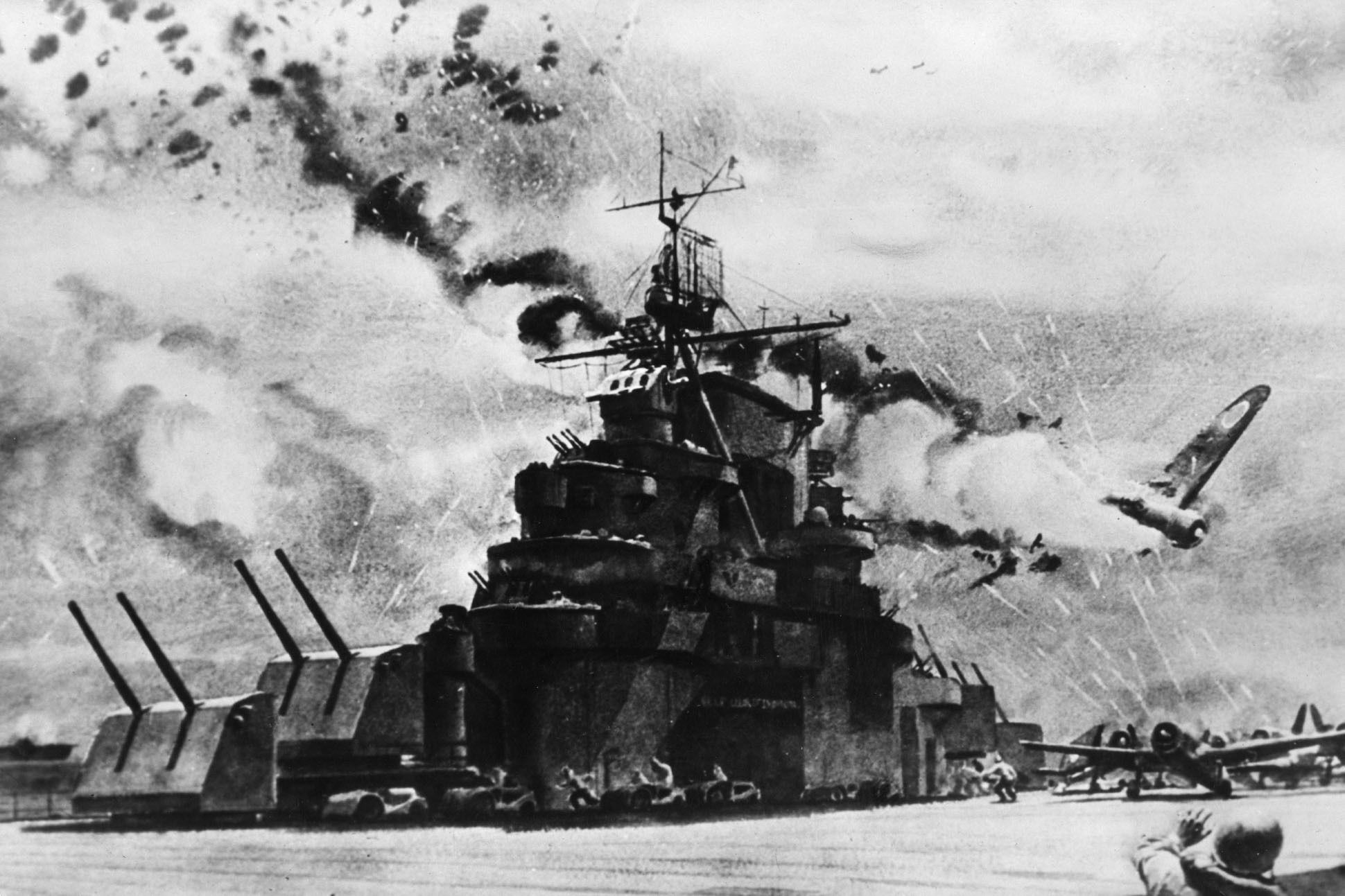 Japanese flyer attacks U.S. aircraft carrier near Santa Cruz Island during World War II.