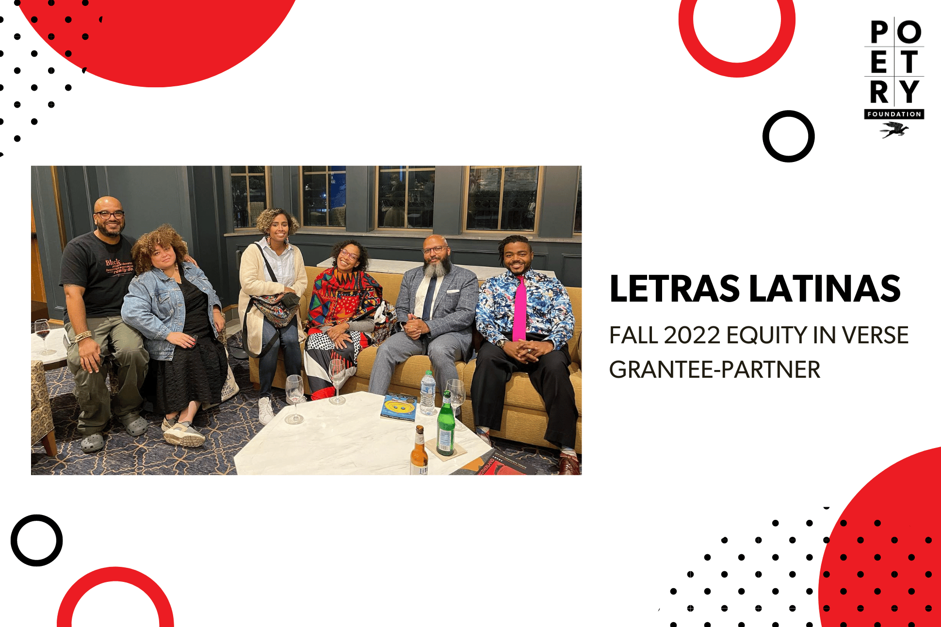 This image features the poets at the Afro-Latinx Poetry Now gathering In September, 2022, whose writing will be featured in the post-gathering folio at Chiricú Journal. Six poets are sitting casually on a couch and smiling.