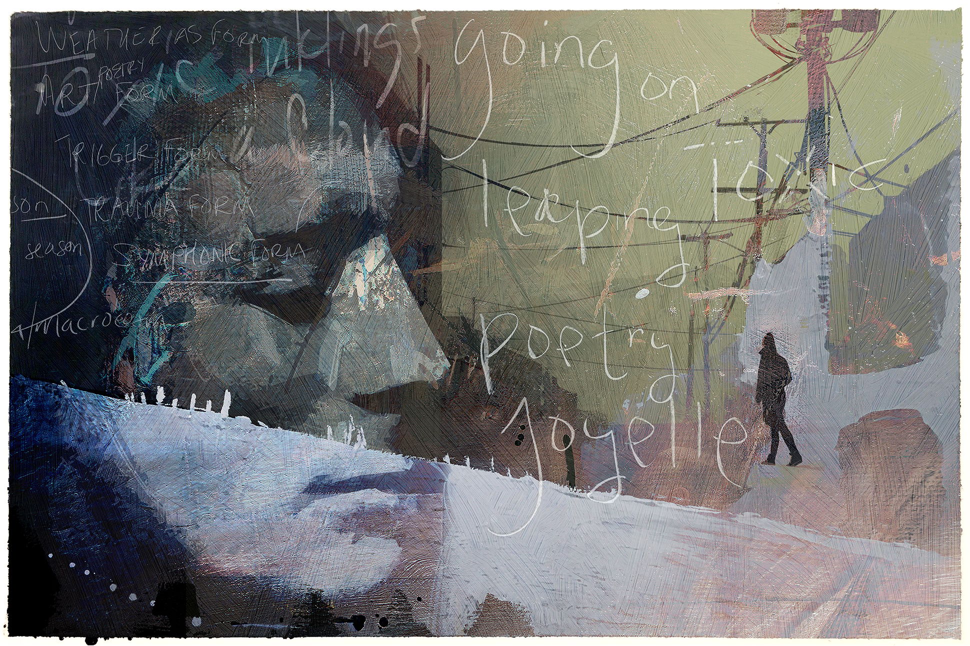 Painting of John Keats in profile, along with lines of poetry and a silhouette.