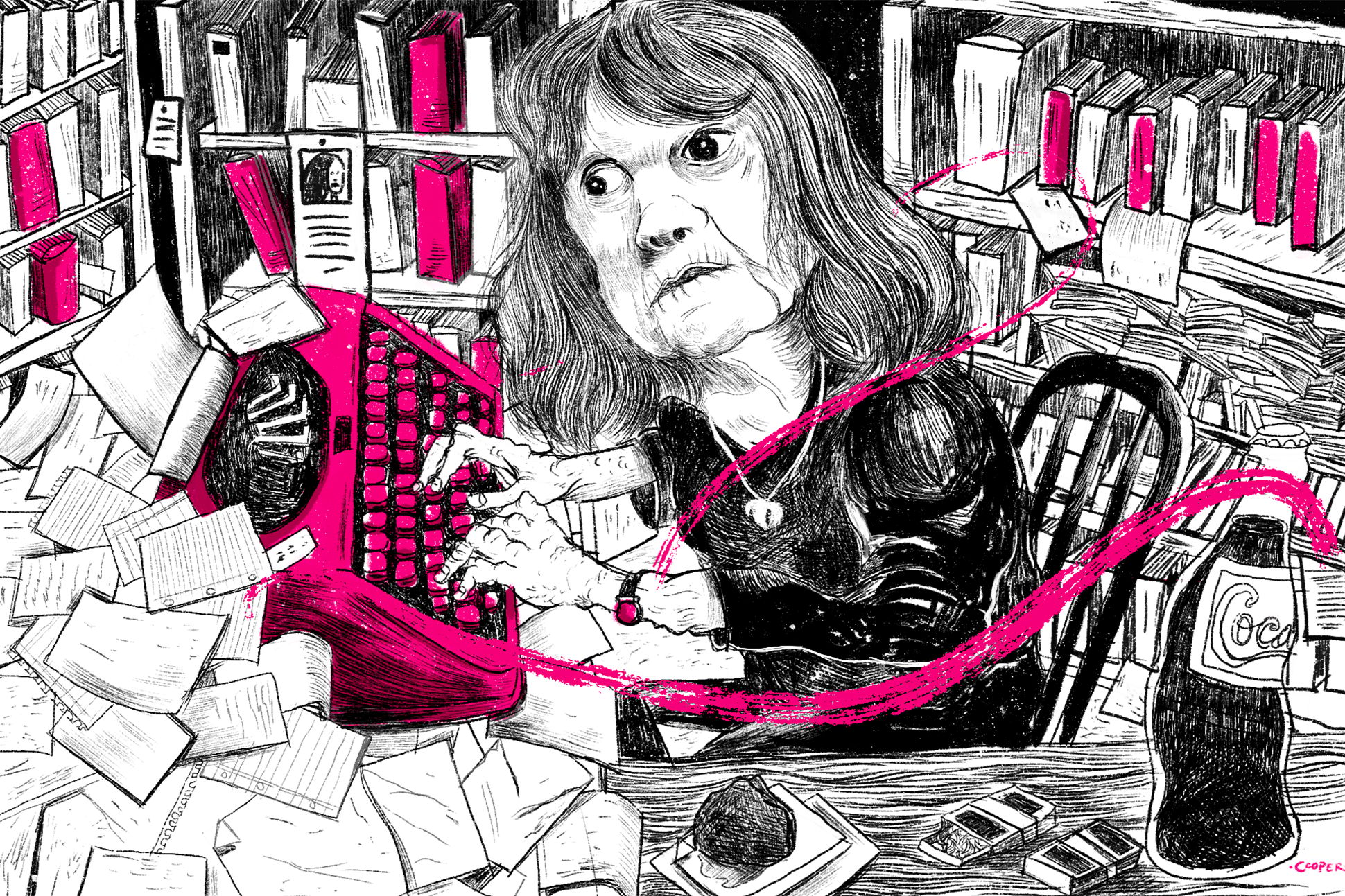 Drawing of Friedericke Mayrocker typing at her desk.