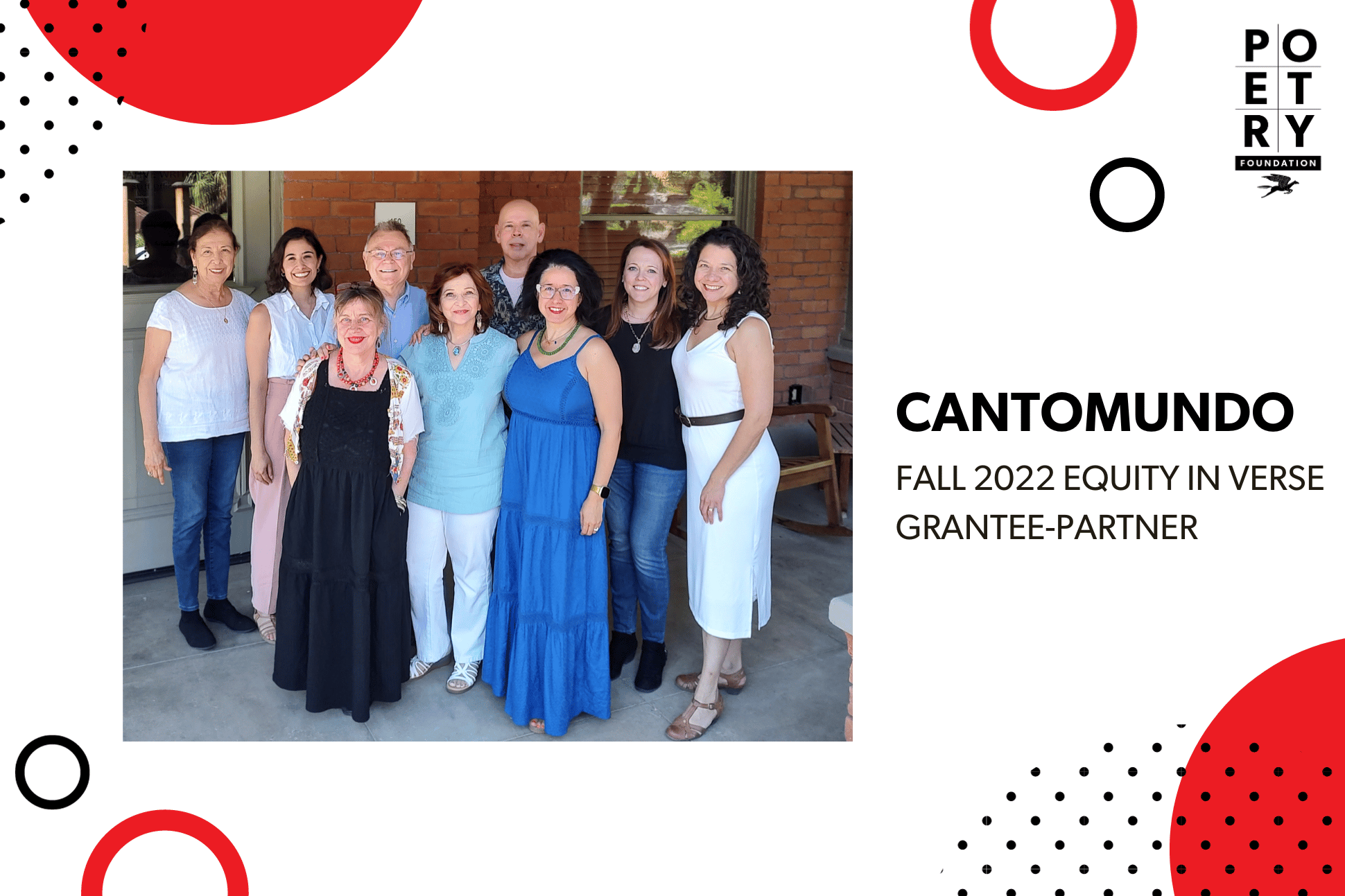 A group of nine CantoMundo affiliates standing in two rows on the porch of the Piper Center for Creative Writing at Arizona State University.