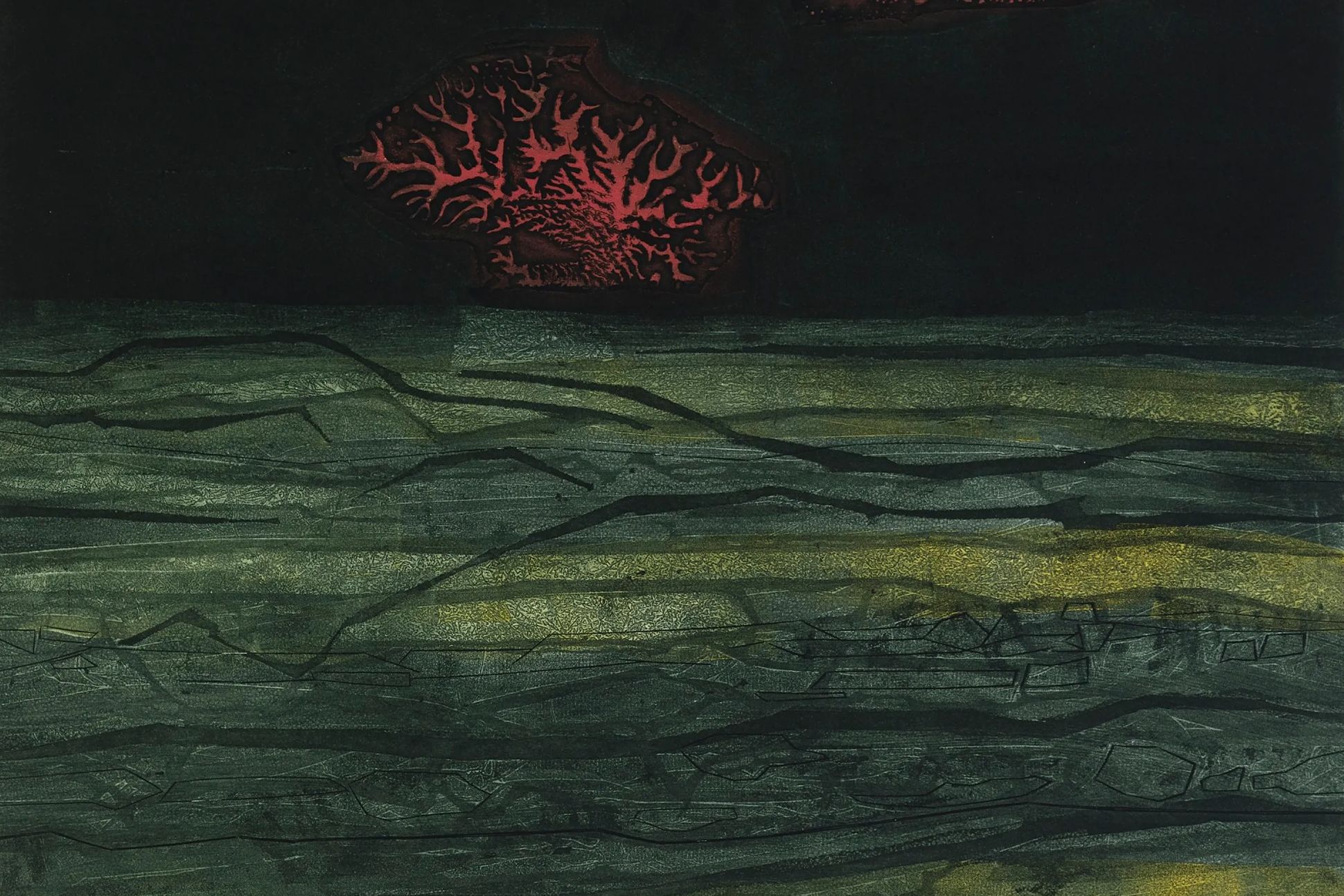 An abstract illustration of a desert scene. The ground is greenish, the sky is black, and a red, plant-like shape looms on the horizon.