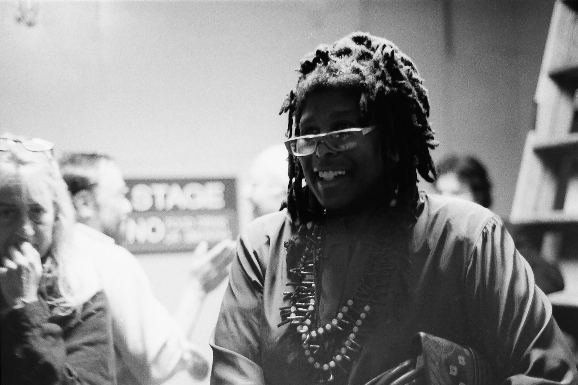 Poet Wanda Coleman backstage at the Allen Ginsberg Memorial at the Wadsworth Theatre on June 21, 1997 in Los Angeles, California.