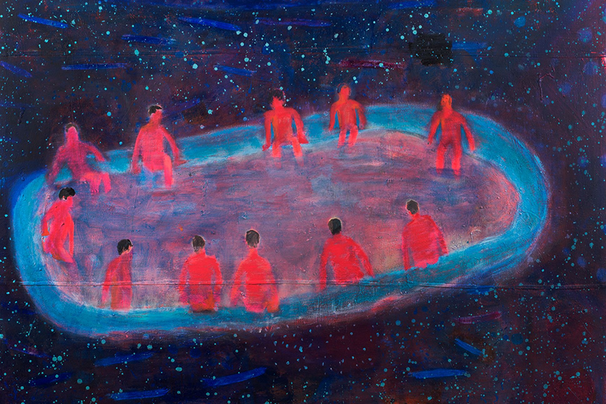 A painting of reddish figures sitting around a pool floating in space.