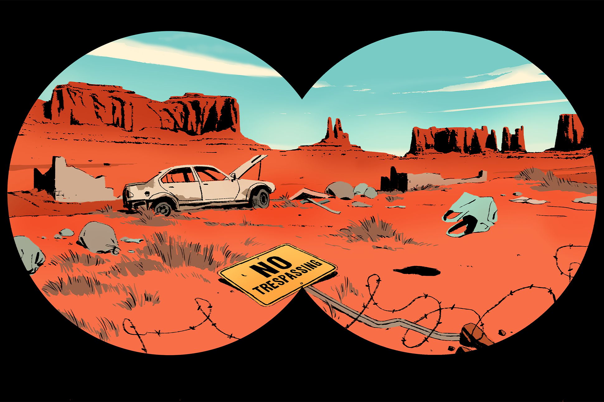 Binocular view of a desolate mountain landscape , with a junked car, trash bags, and a fallen No Trespassing sign visible.
