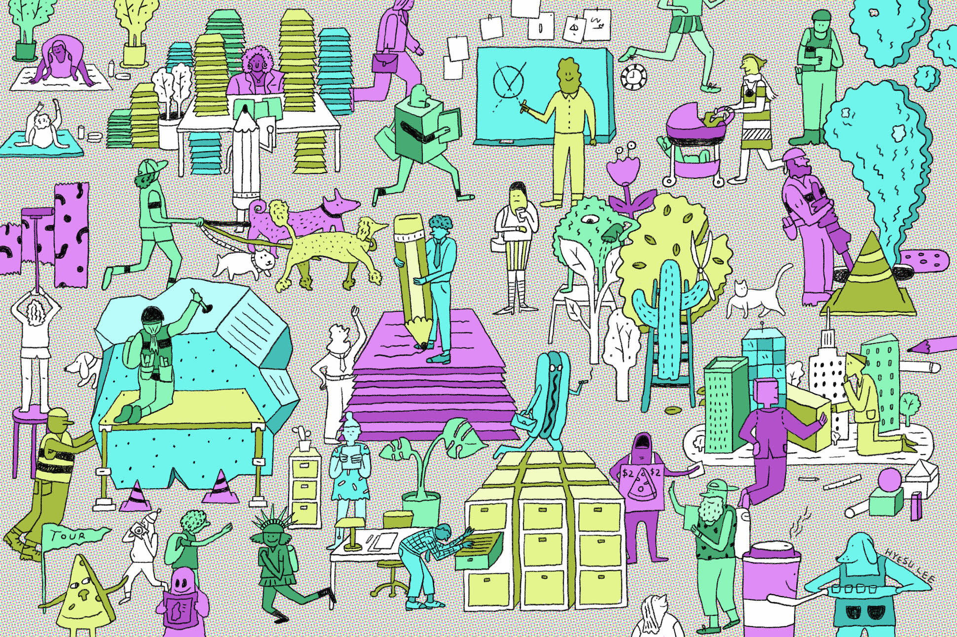 Cartoon illustration of people at work.