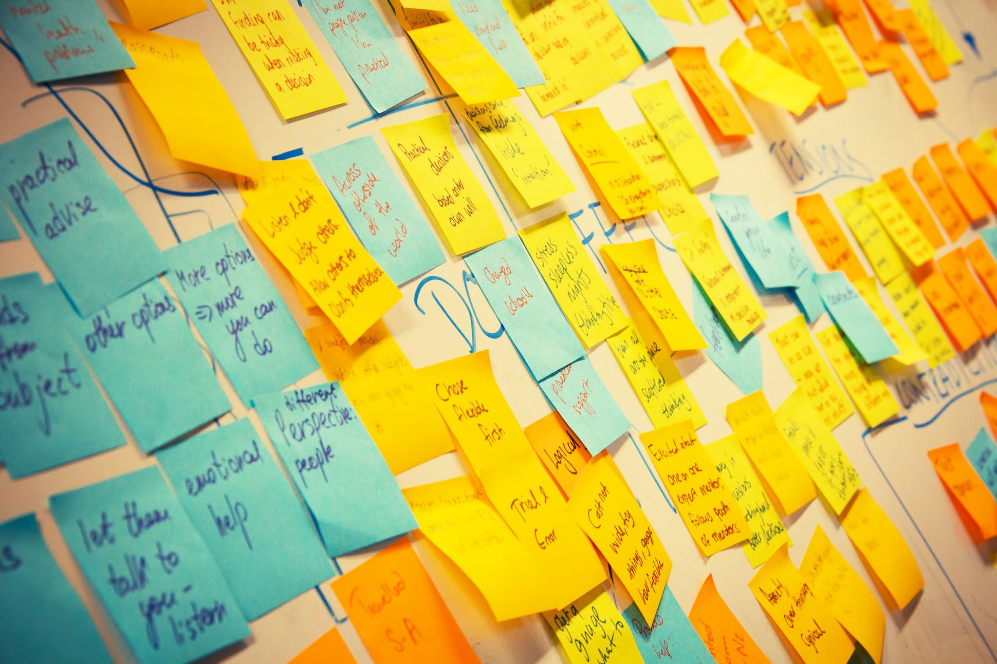 Photo of post-it notes of assorted colors sticking on a whiteboard.