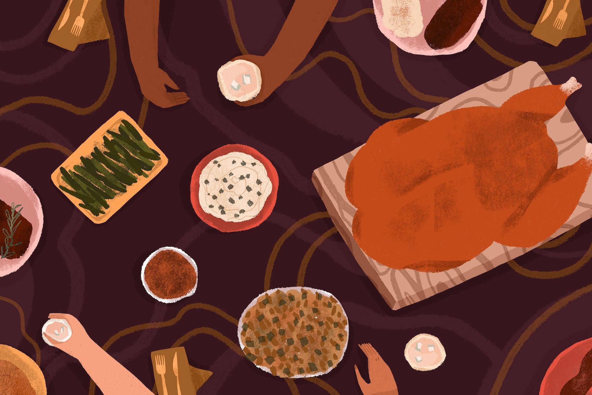 Illustration of a turkey and food on a dinner table.