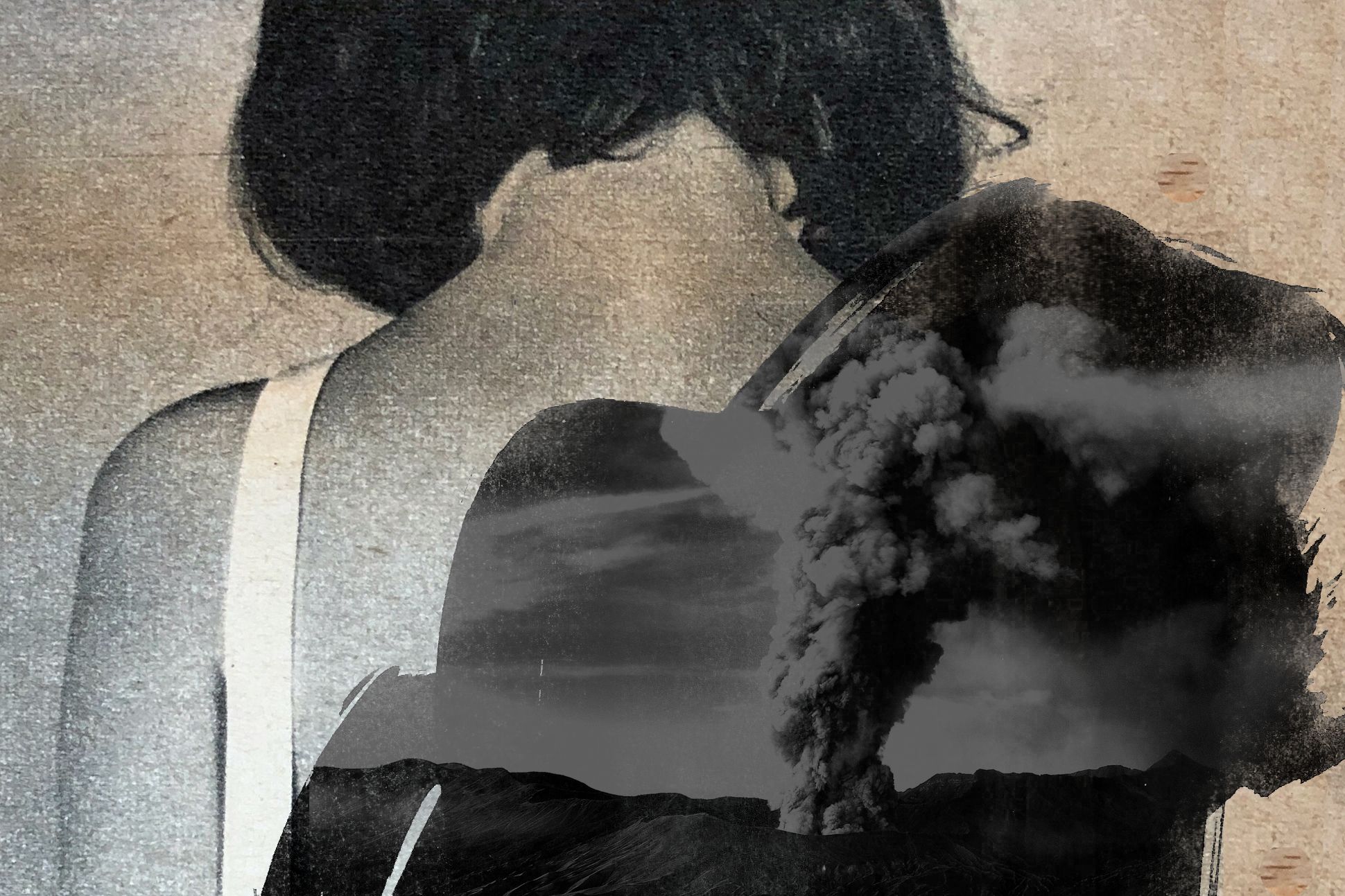 Collaged illustration of a woman with her back turned, with an erupting volcano collaged onto her back.