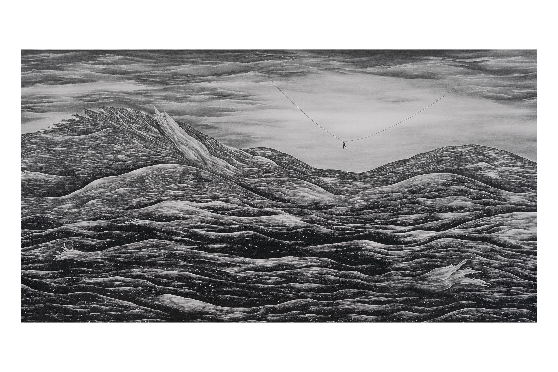 Robyn O'Neil, "These Final Hours Embrace at Last; This Is Our Ending, This Is Our Past," 2007, graphite drawing of a person swinging across a vast ocean on a string.