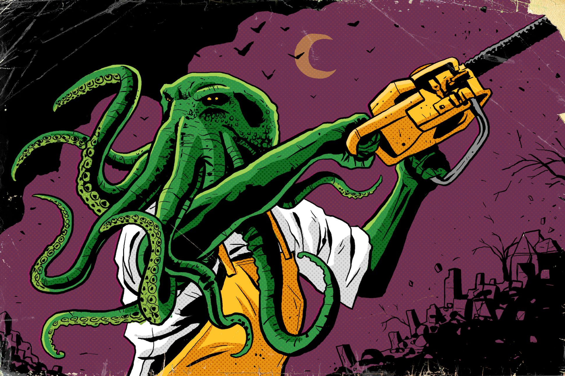 Illustration of Cthulhu monster holding a chainsaw.