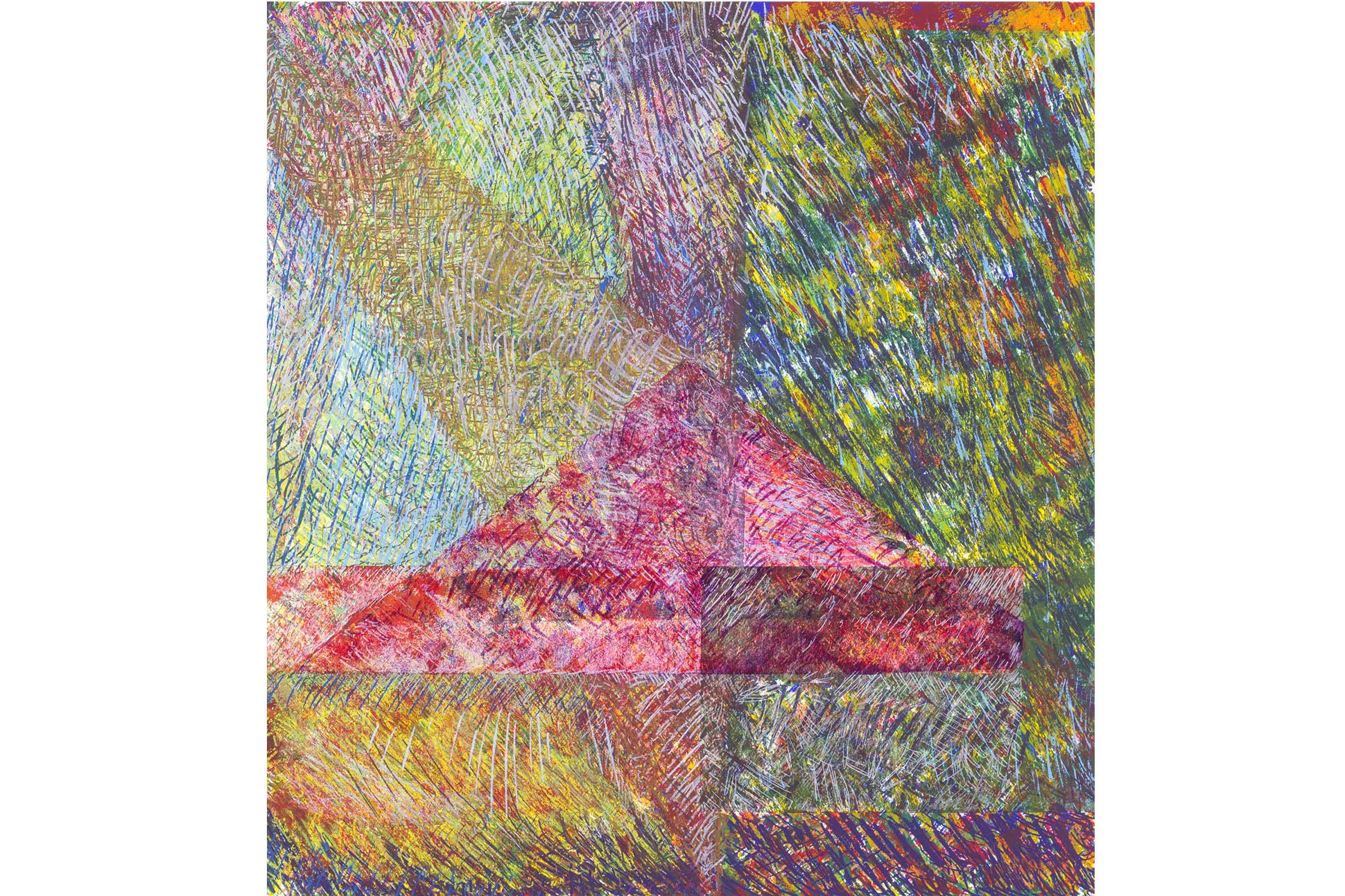 Multi-colored (blues, pinks, yellows, with light filtering through) screen print on paper.
