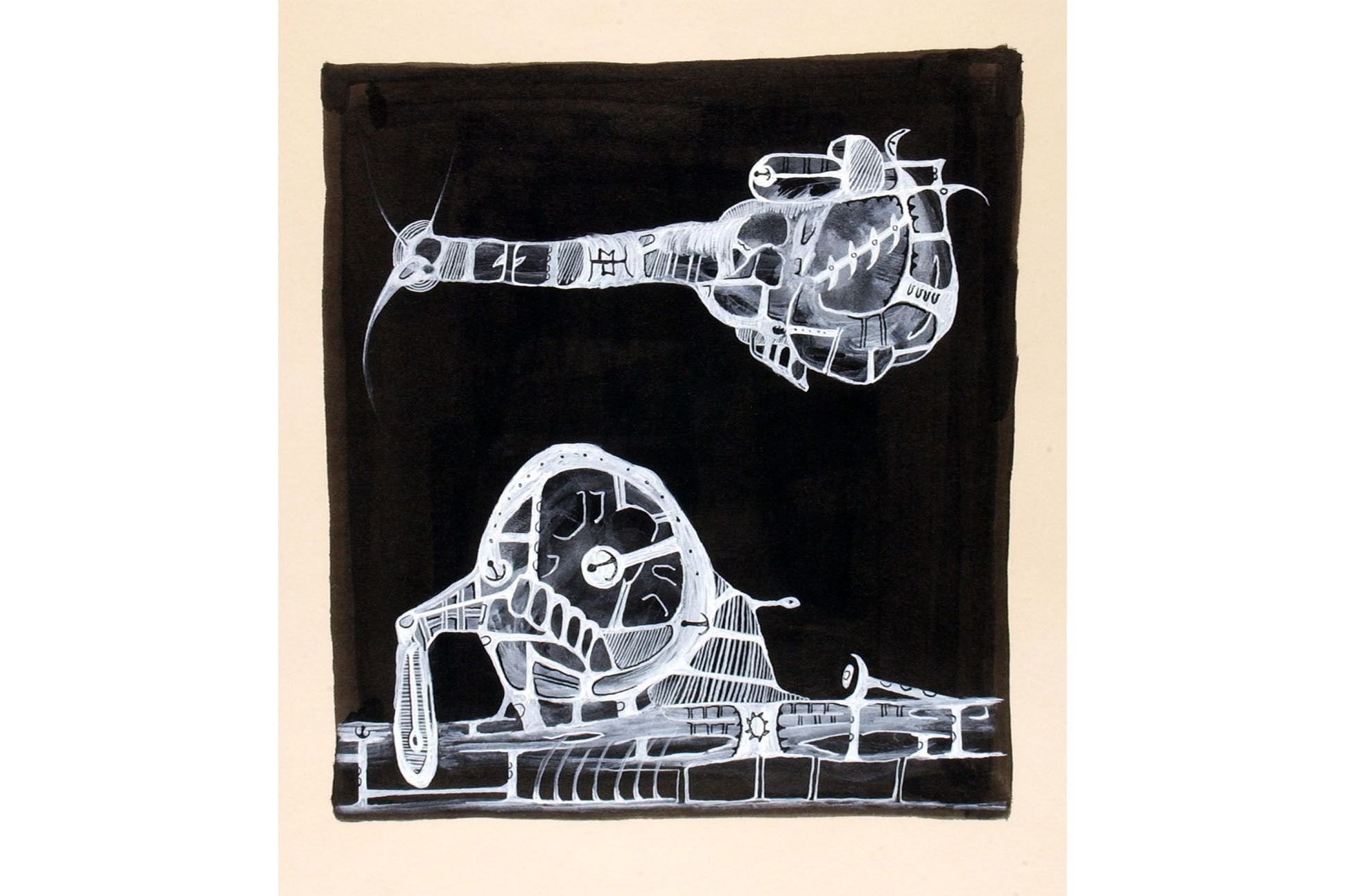 Abstract illustration in black and white oddly shaped objects evoking futuristic machinery.