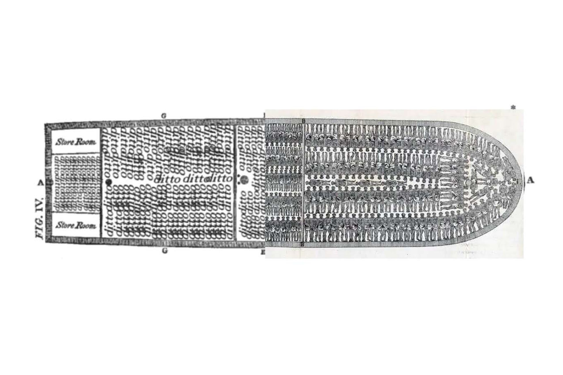 Iconic black and white image of a slave ship with the recurring word ditto replacing the bodies of enslaved Black people.