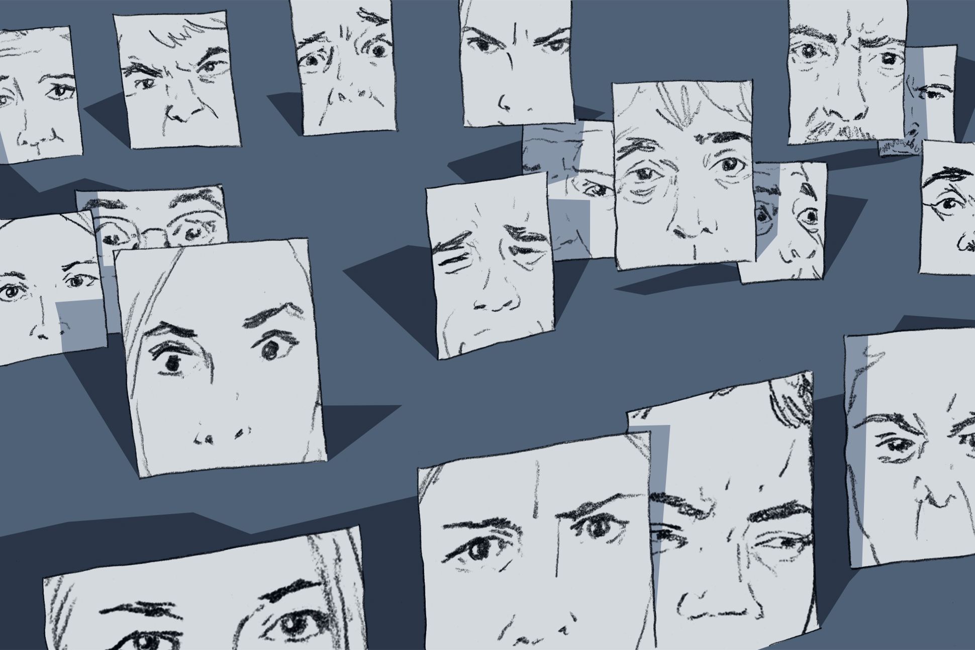 Various expressive faces, in frames, against a dark blue background.