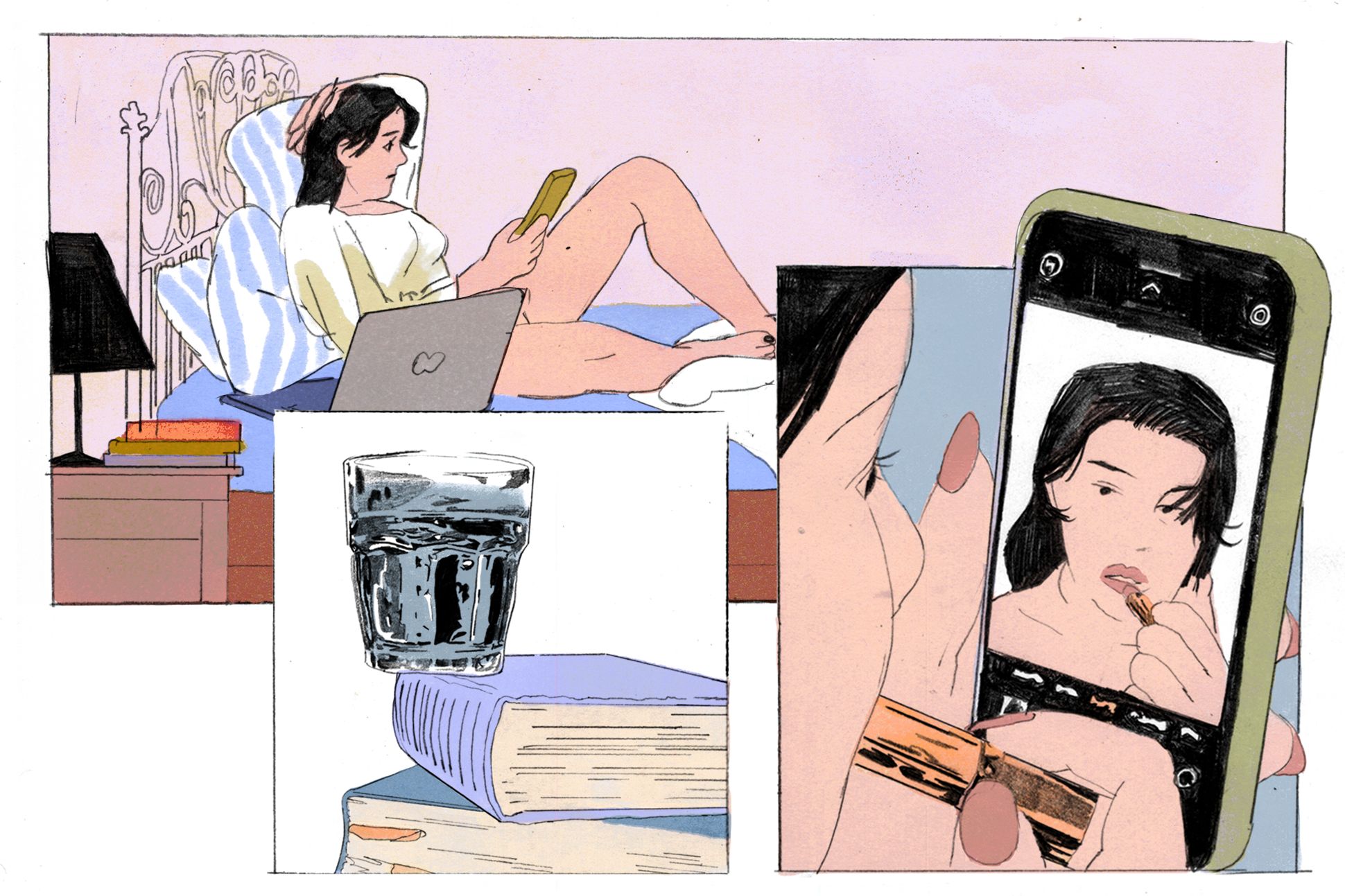 Three-part Illustration of a woman looking at her phone in bed, looking at herself in her phone camera, and a glass of water perched on books.