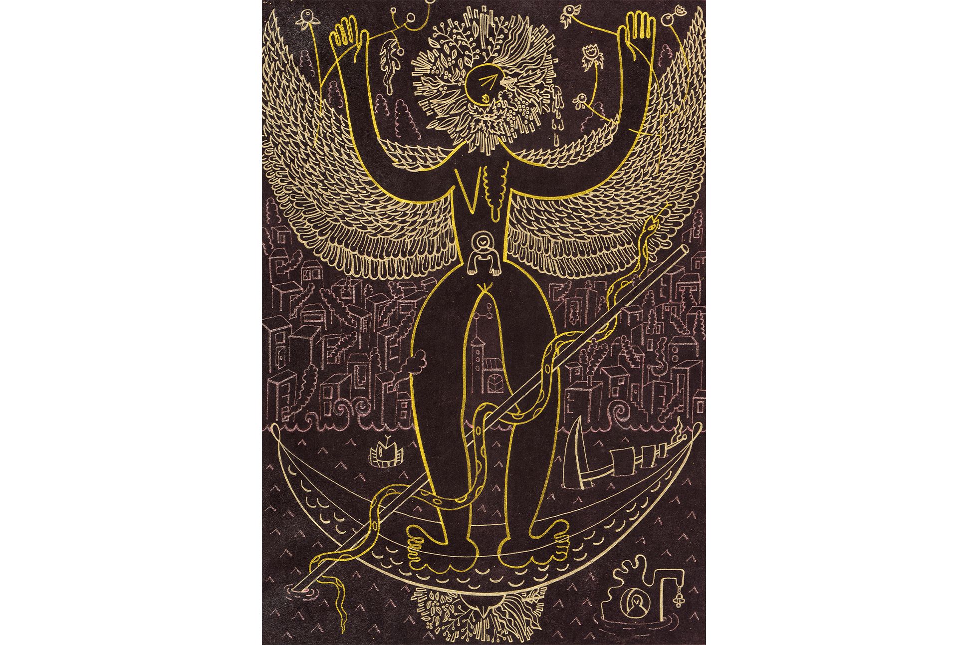 A painting of a winged figure standing in front of a city backdrop while a snake crawls up a pipe in the foreground.