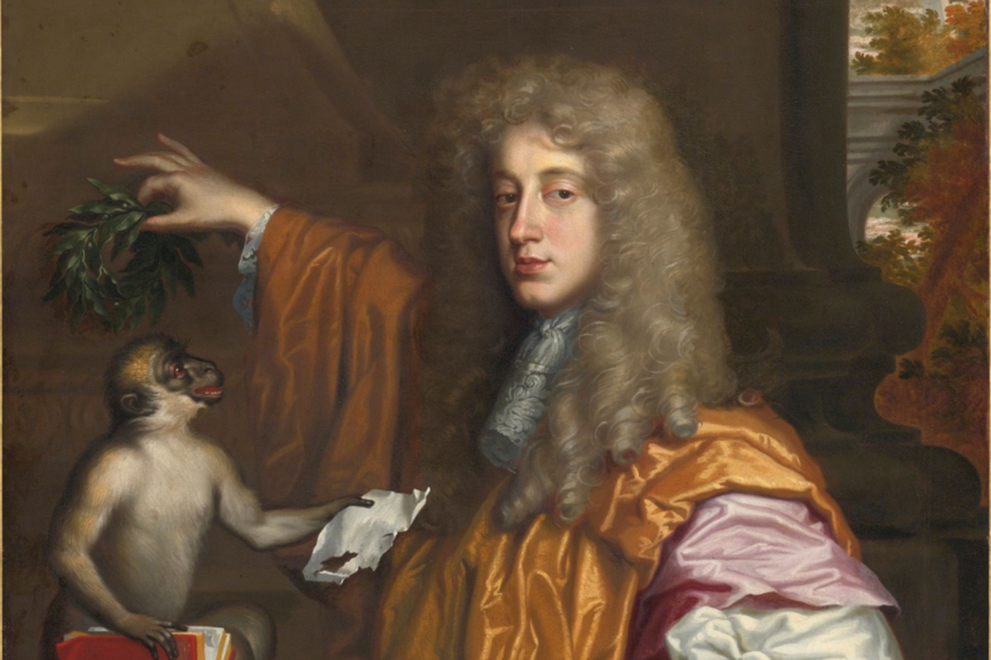John Wilmot Earl of Rochester in orange finery, dangling a leaf above a monkey.