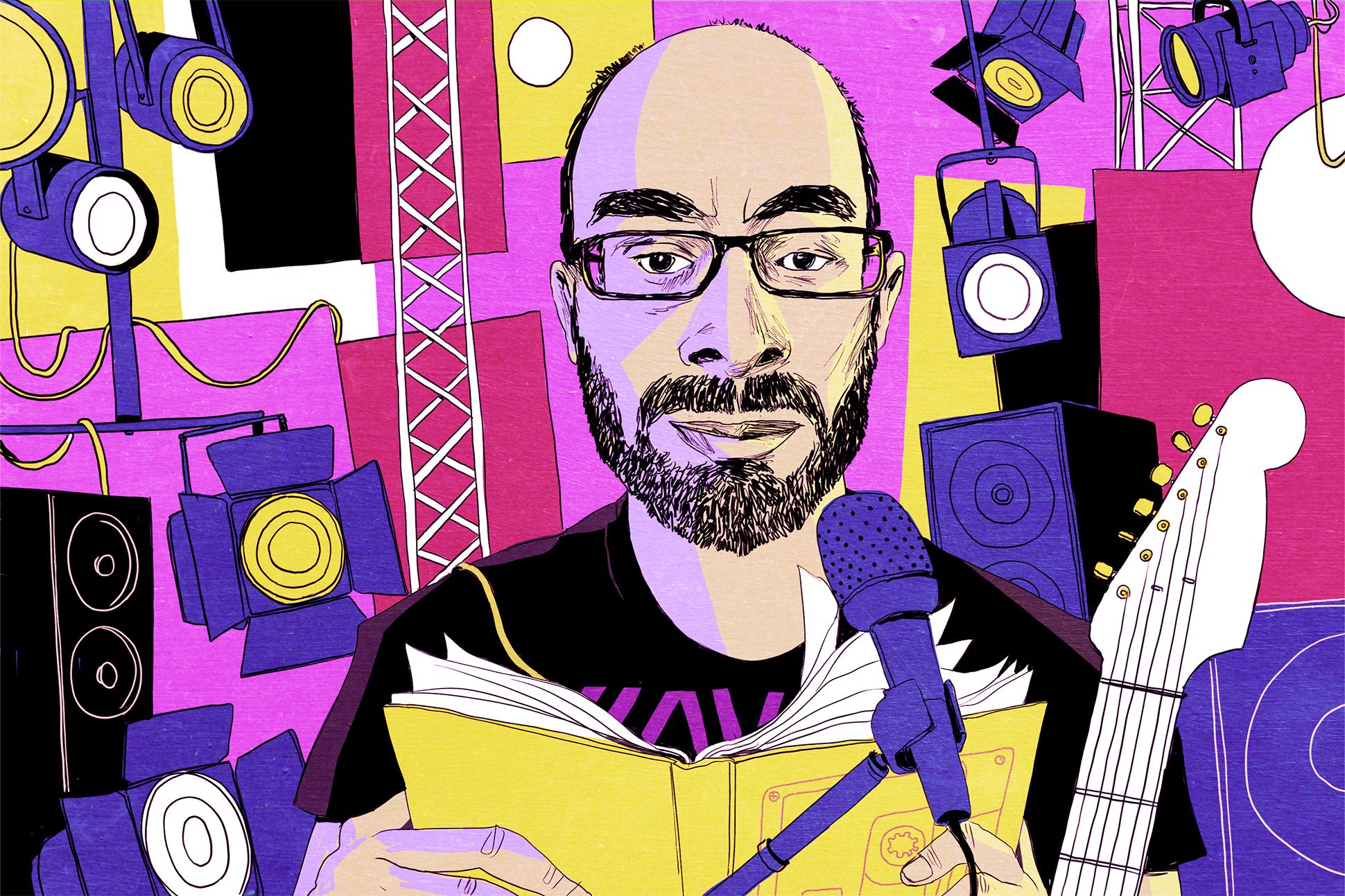 Illustration of Michael Robbins reading a book into a microphone, surrounded by stage lighting and musical equipment.