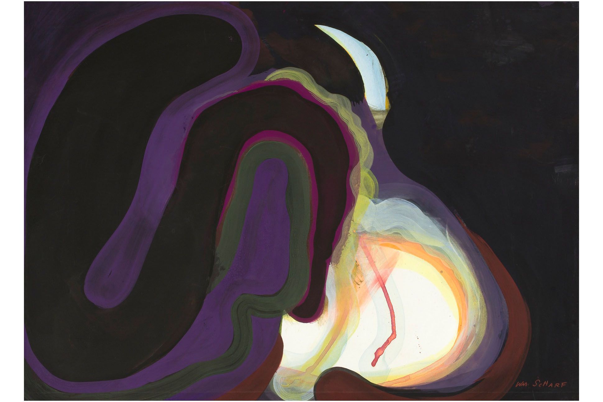 Abstract painting, gouache on paper, swirls in black, purple, green, with a horn-shaped sliver of blue sky and field shining through, as well as a larger pocket of light with curved lines in orange, greens and blues.