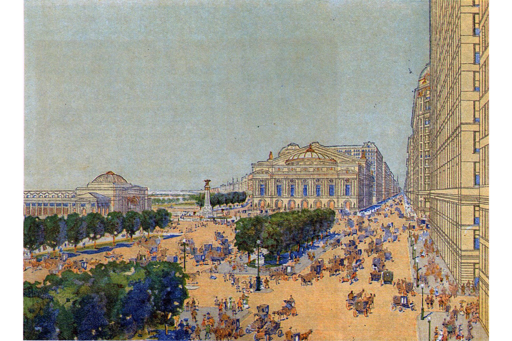 Postcard featuring an early twentieth century Chicago street scene