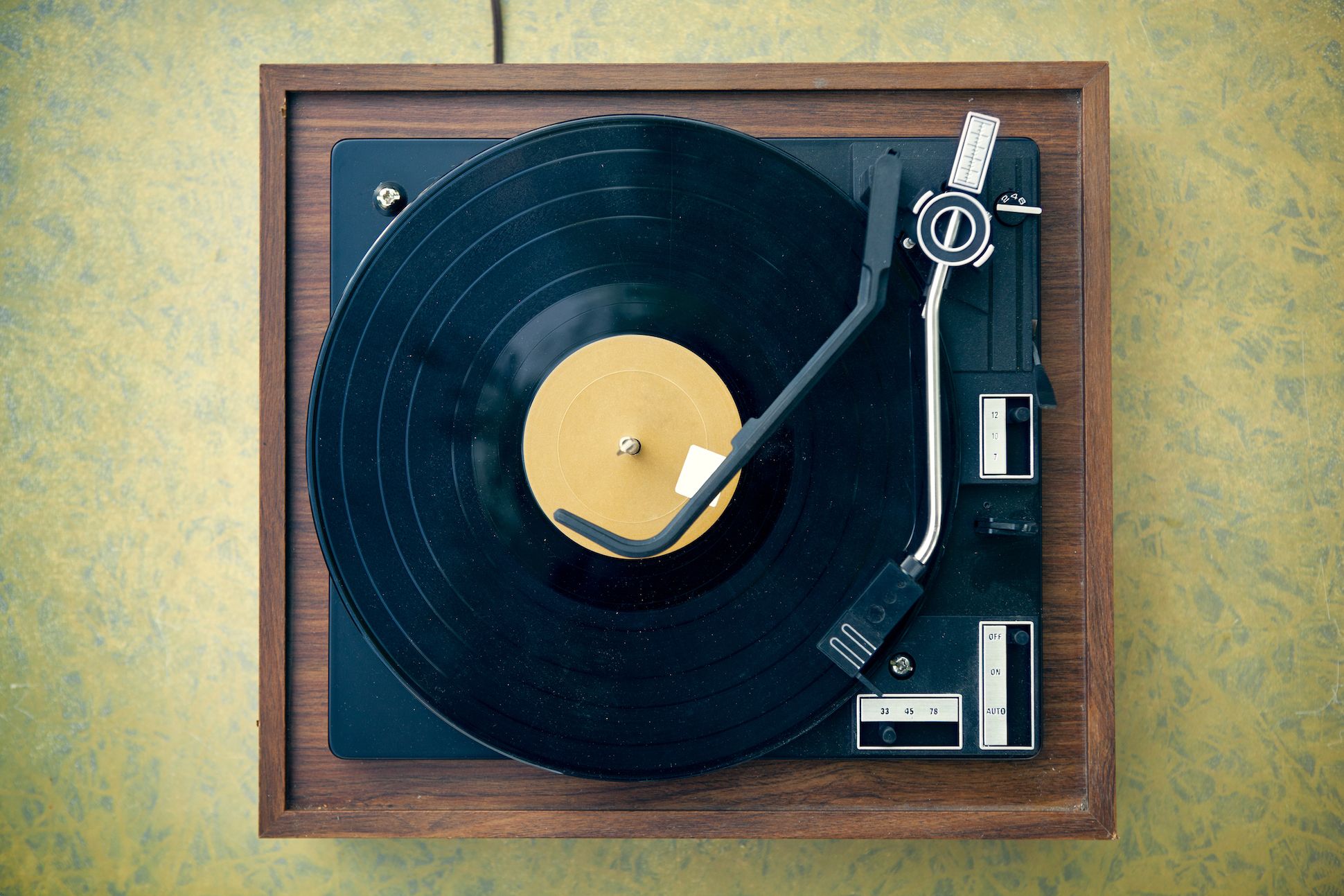 A view from above of a record player.