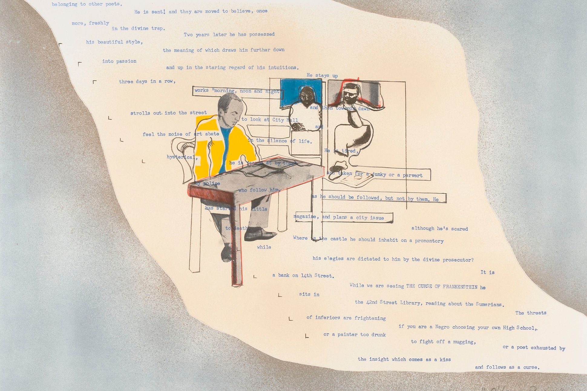 Collage of Frank O'Hara reading at a desk.