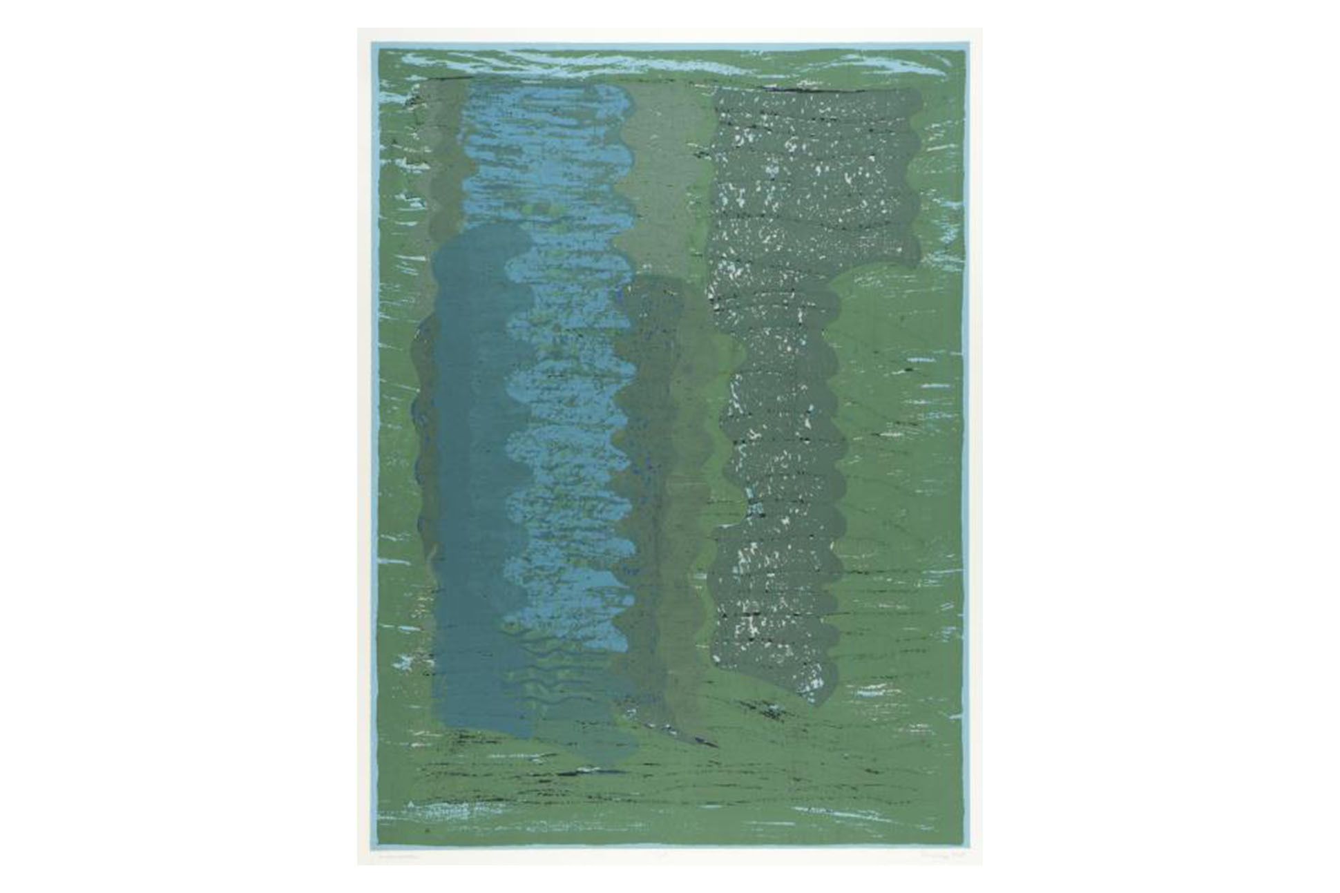 screen print with two blurred wide columns in greens and blues against a green background