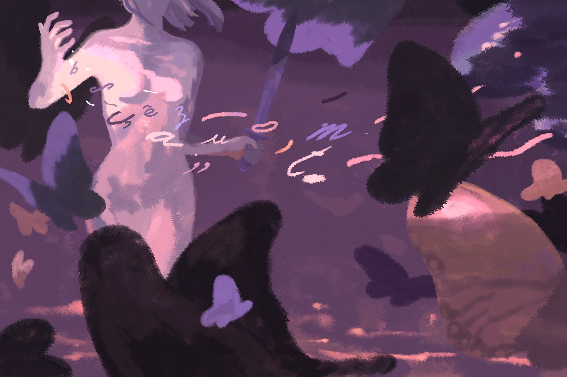 An illustration of a faceless female figure holding a sword and releasing letters from her hand. Dark butterflies surround her in a purple sky.