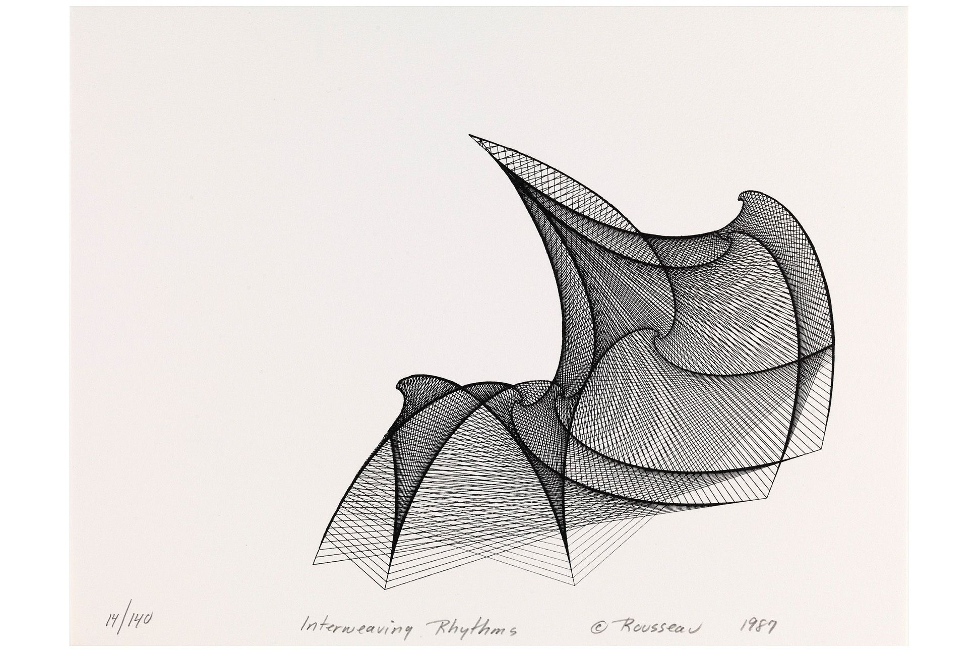 Lithograph on paper, black lines that appear like nets or screens folded in over themselves with curved frames and a shadow effect.