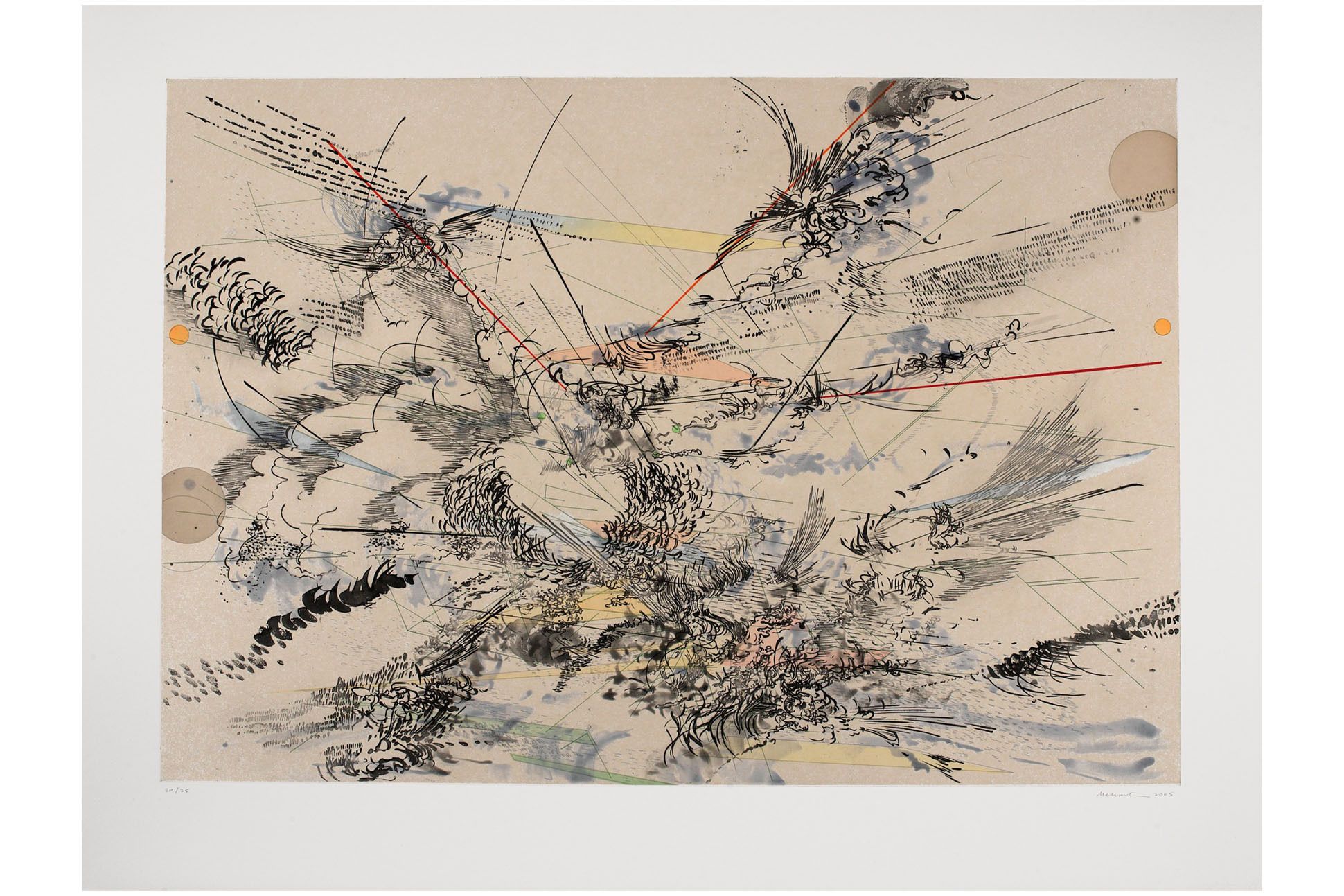 Etching on paper in black, white, and a smattering of colors, and a range of forms, including curves, lines, and circles.