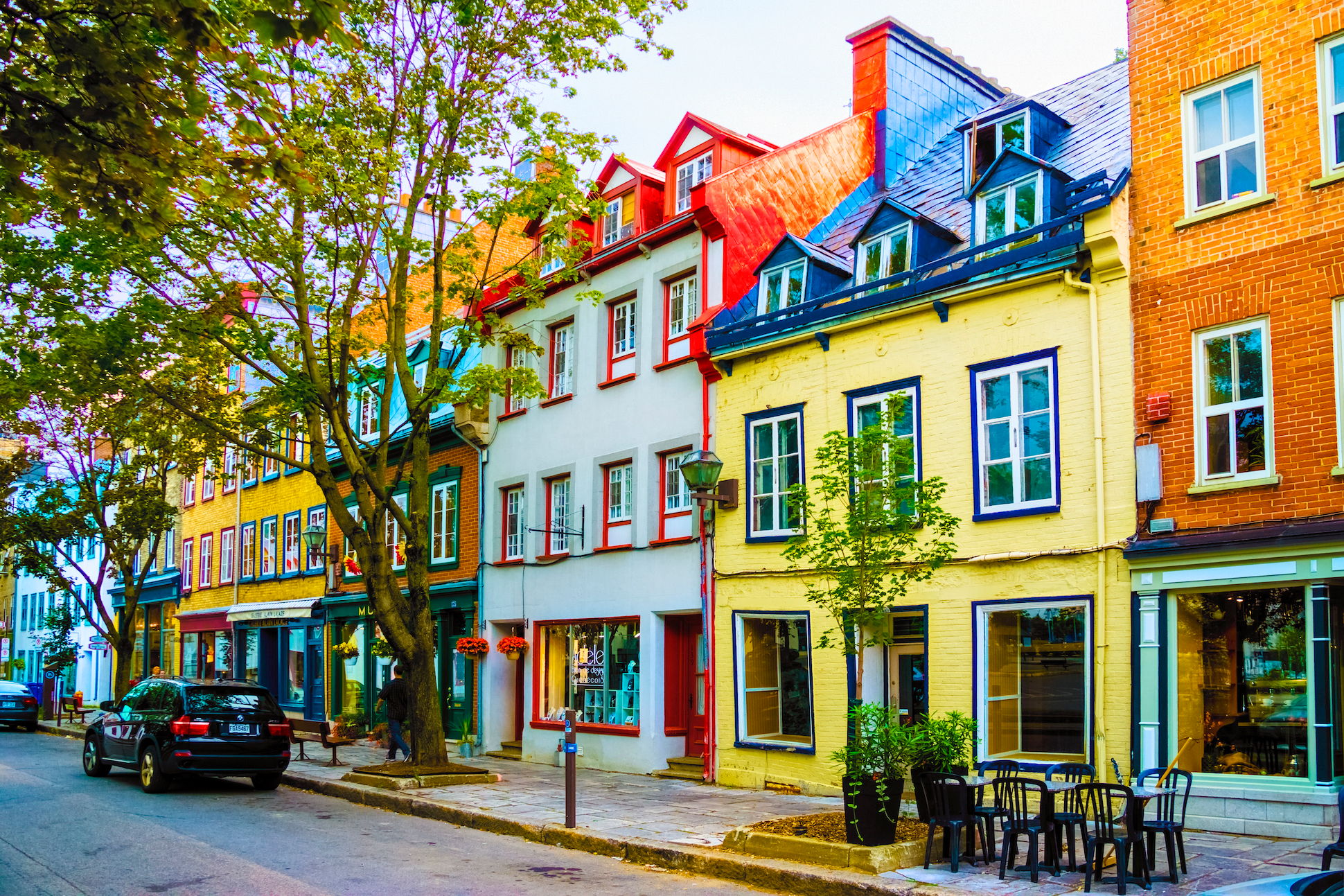 Image of colorful houses on a street in Quebec, Canada.