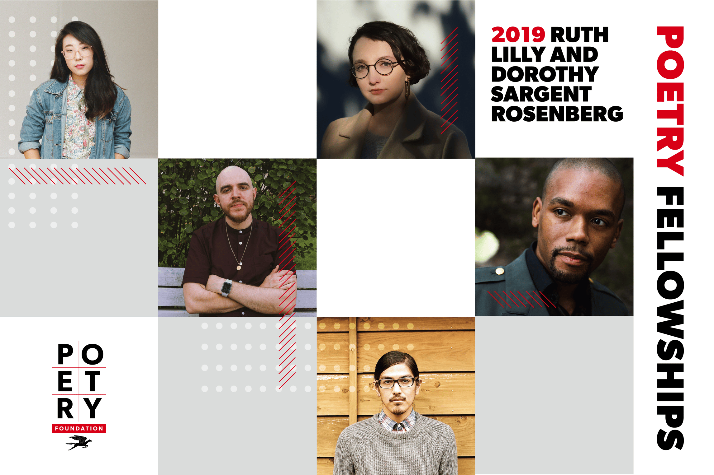 A composite grid with author photos of five poets captioned "2019 Ruth Lilly and Dorothy Sargent Rosenberg Poetry Fellowships"