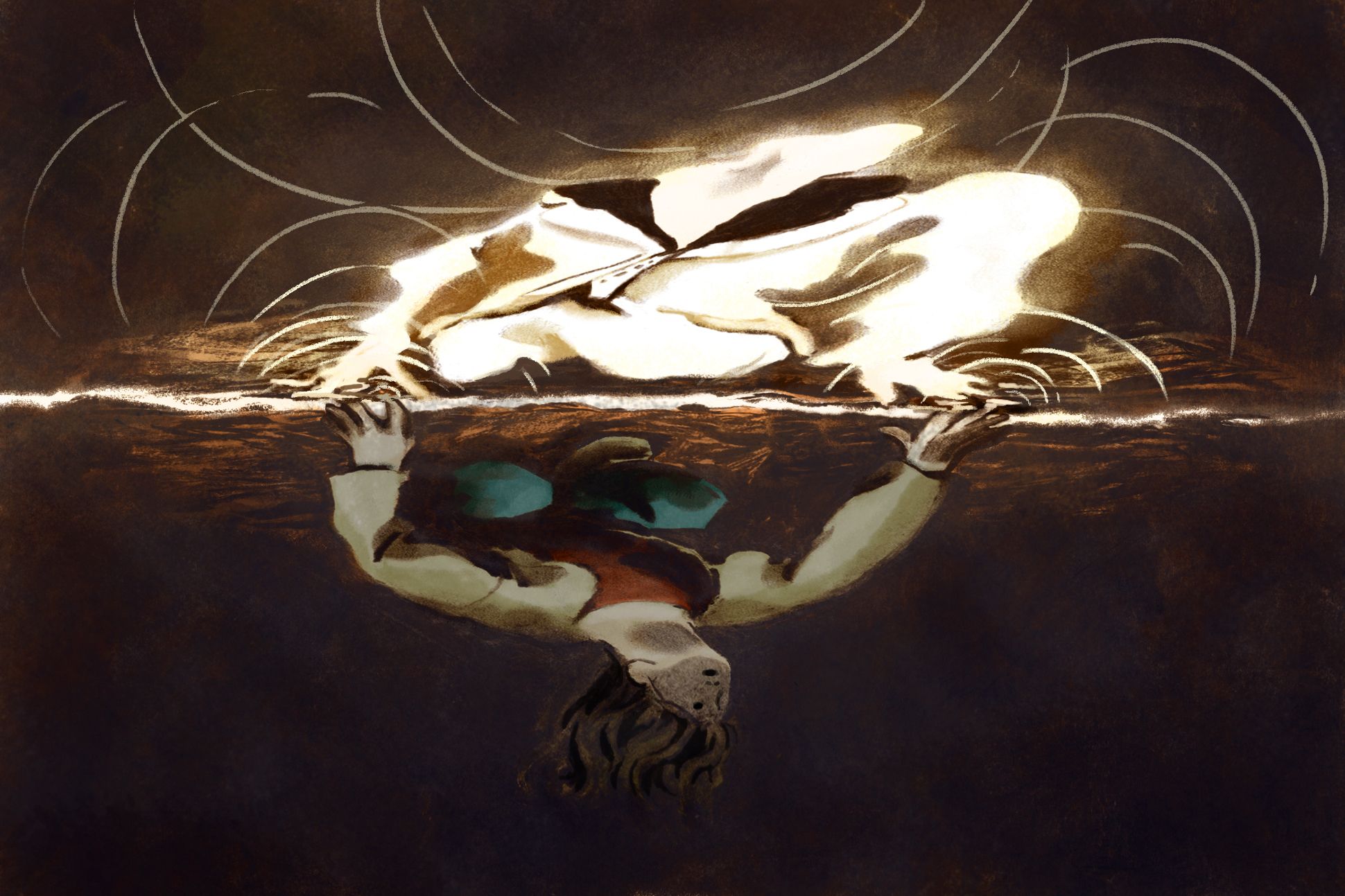 A glowing white figure in a dark landscape looms over a woman who is stretching toward it.