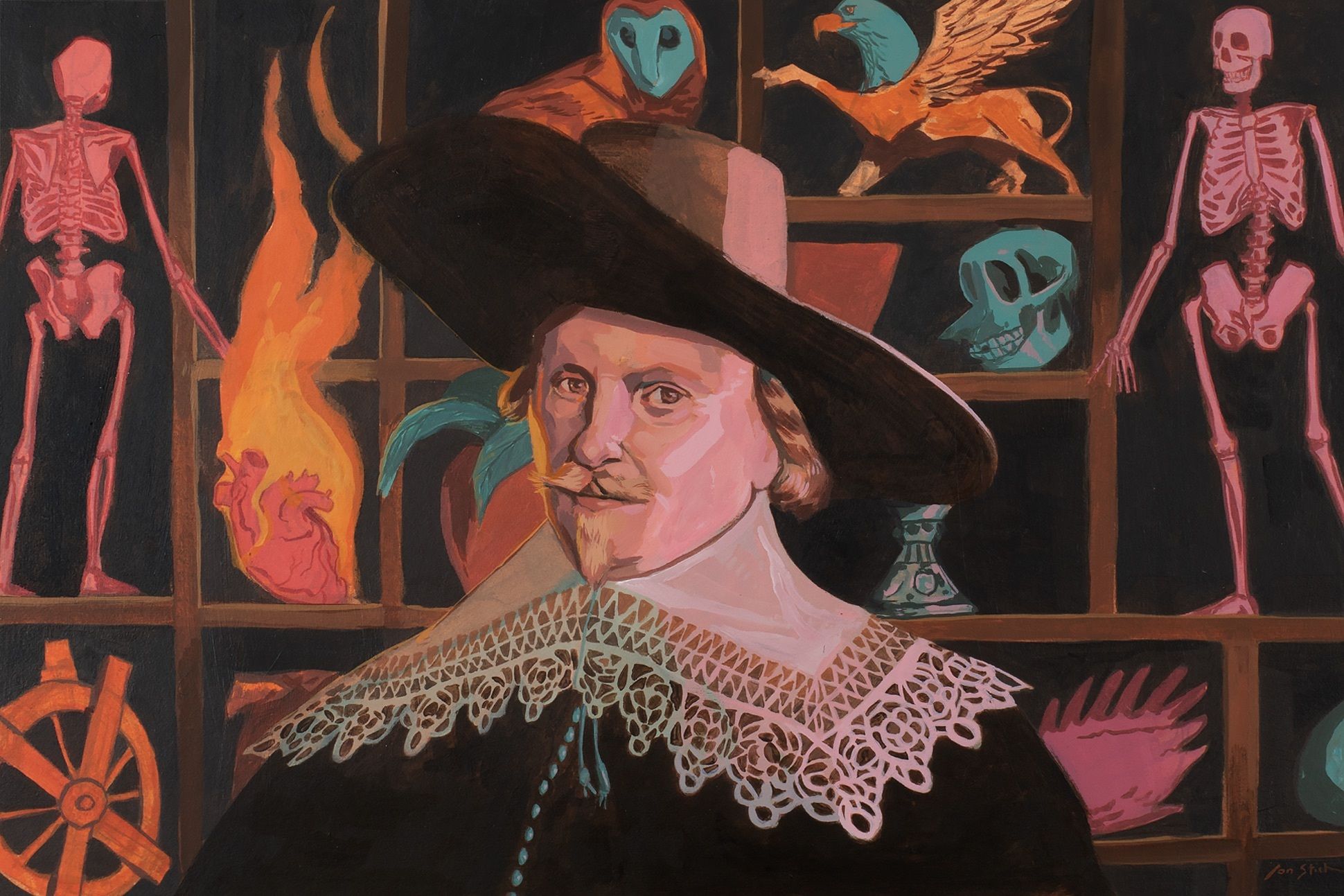 Illustration of George Wither standing in front of a cabinet of curiosities that includes a skeleton, a griffin, an owl, and a wheel of fortune.
