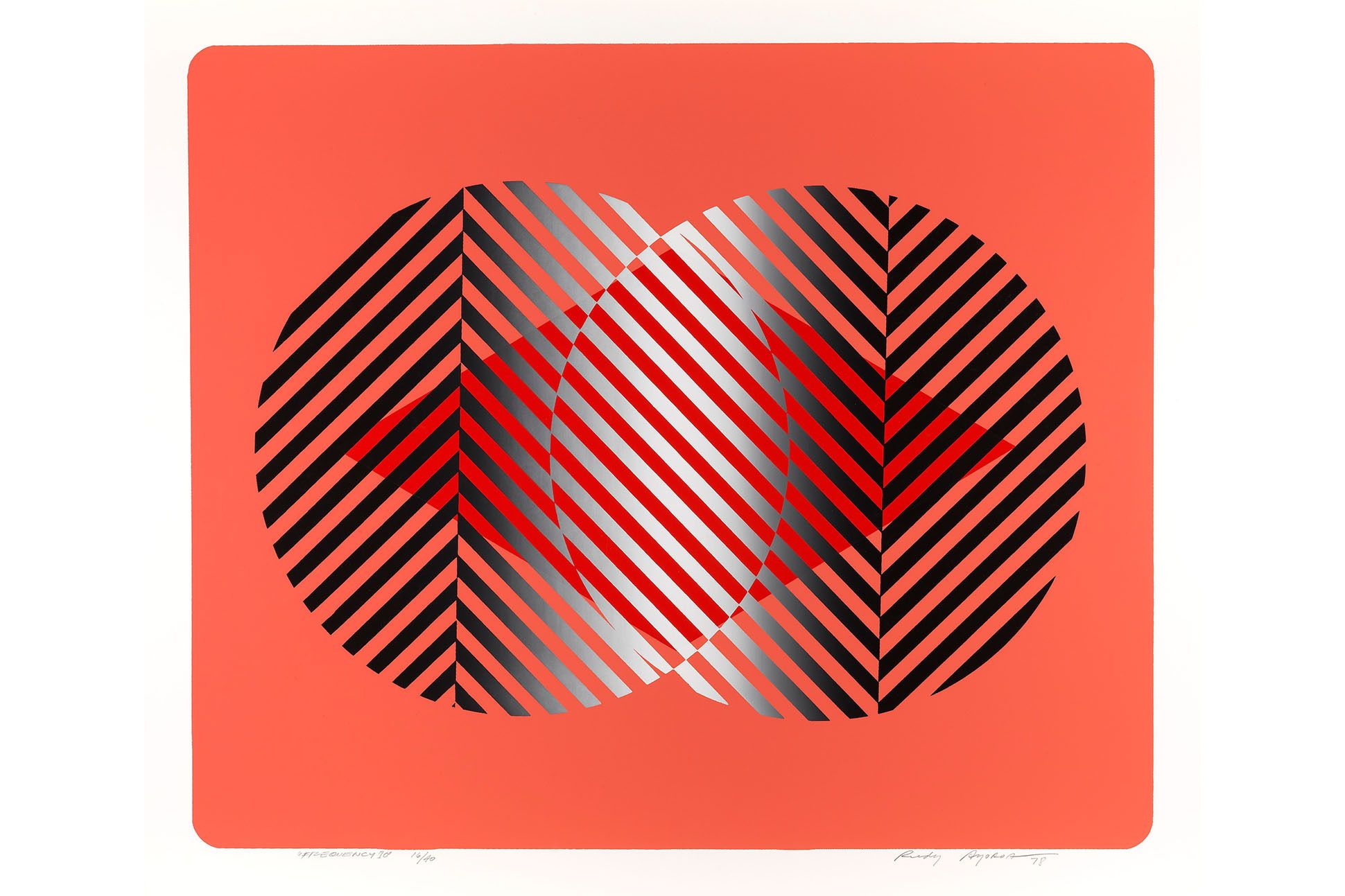 Screen print, two overlapping silver circles composed of lines with a sideways reddish diamond in the center, against an orange backdrop.